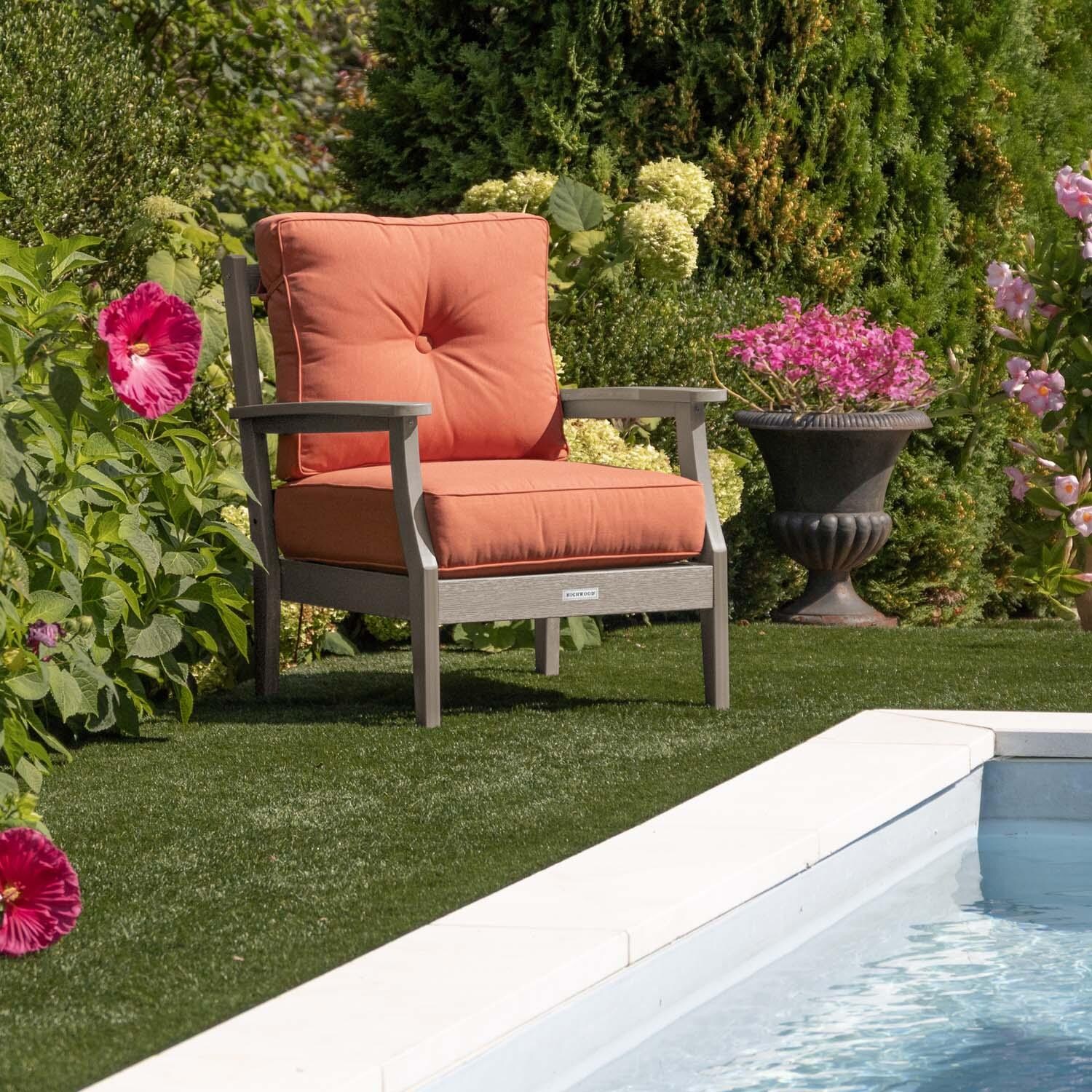 Blushing Bay Recycled Plastic Club Chair in Canvas Persimmon/Woodland Brown by Lakeview Outdoor Designs - In Garden - Lifestyle thumbnail