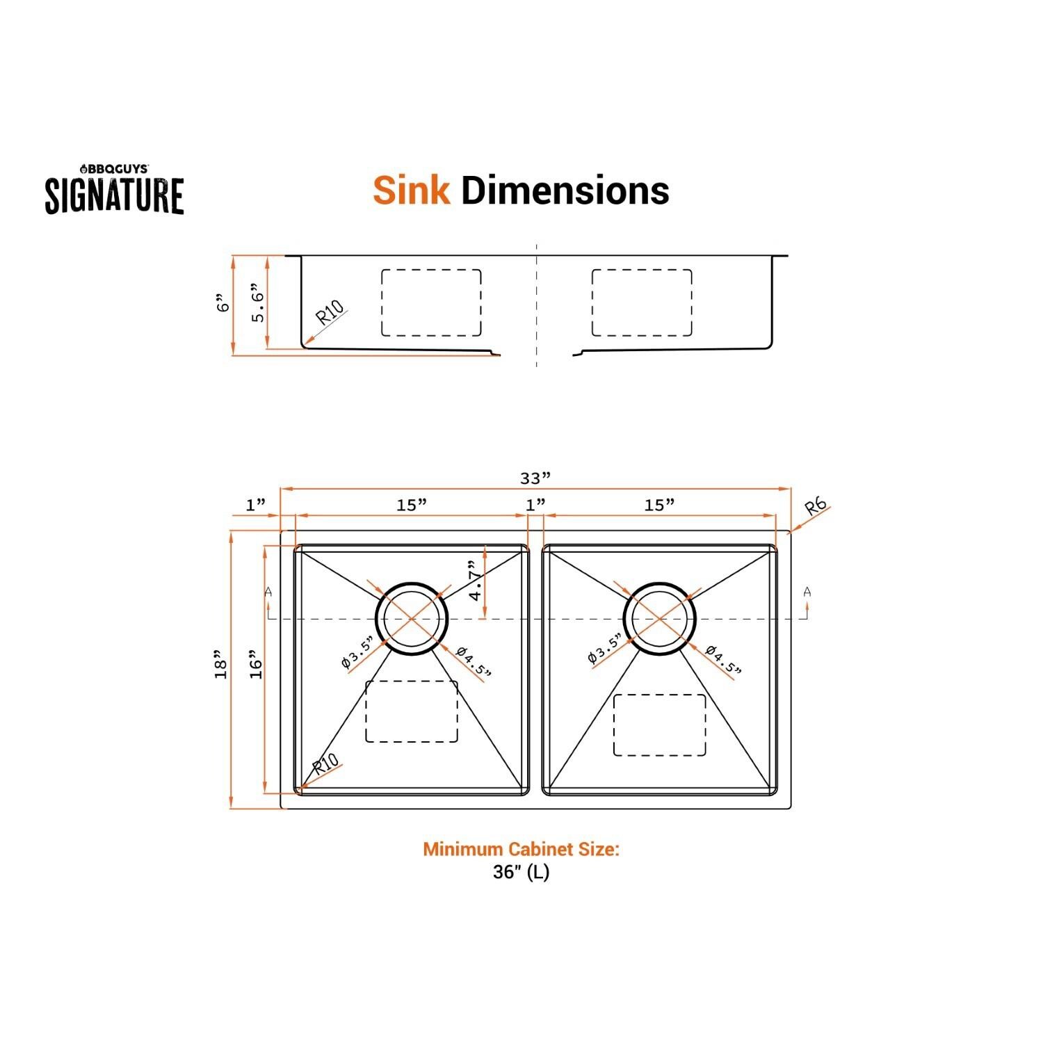 BBQGuys Signature Undermount Stainless Steel 33-Inch Double Bowl ADA Sink W/Grids and Strainer - Dimensional thumbnail