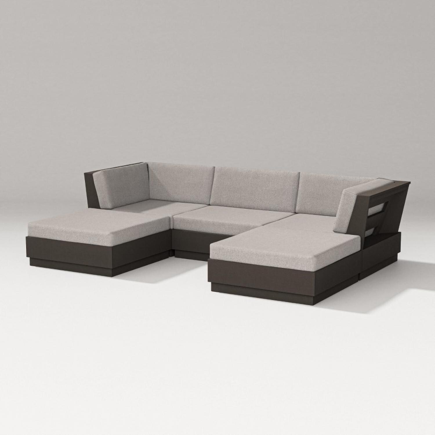 Elevate 5 Pc Recycled Plastic Double Chaise Sectional Seating Set in Vintage Coffee/Weathered Tweed By PW Designer Series