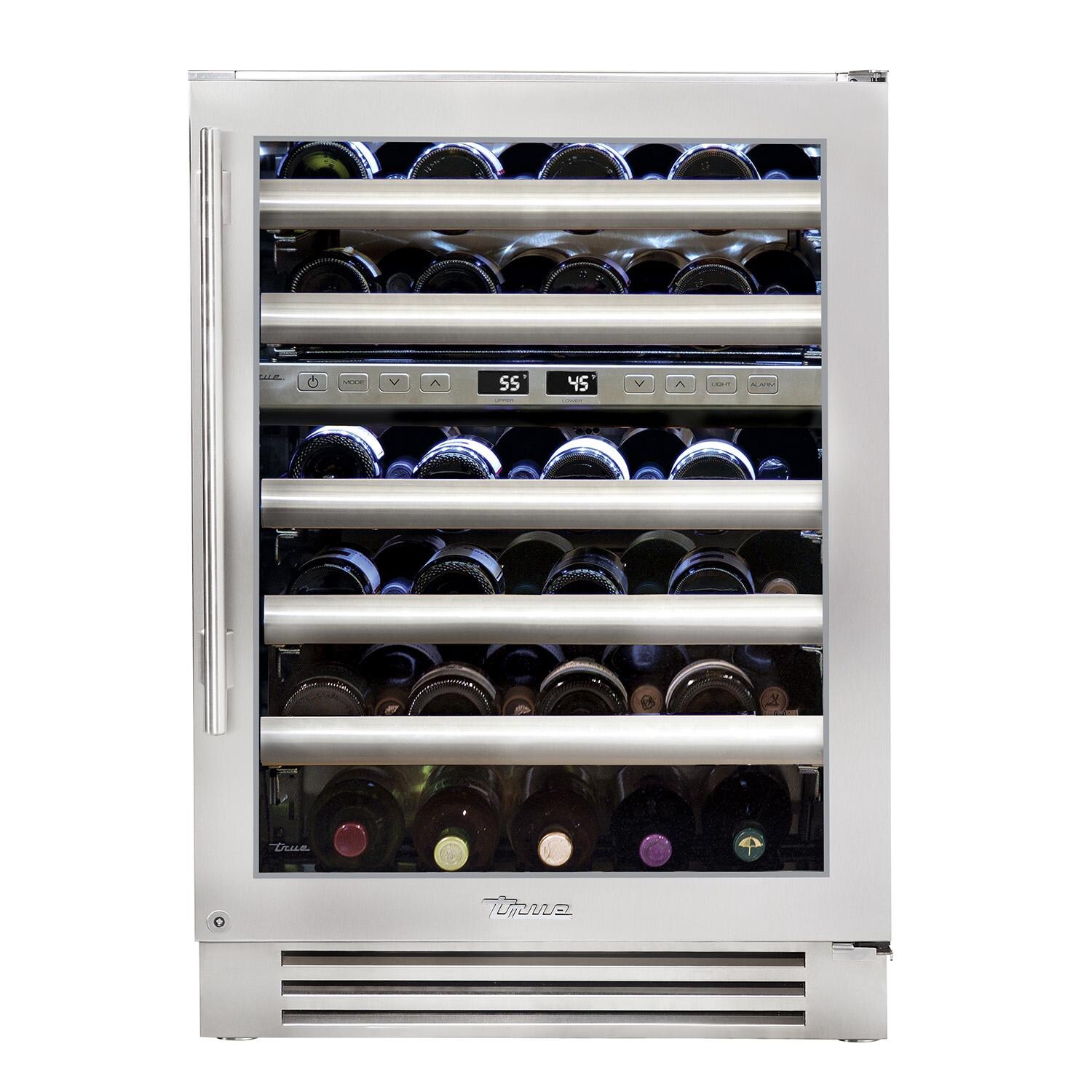 True TWC-24DZ-R-SG-C 24 Inch 45 Bottle Right Hinge Glass Door Outdoor Dual Zone Outdoor Wine Cabinet - Stainless Steel - White Background thumbnail