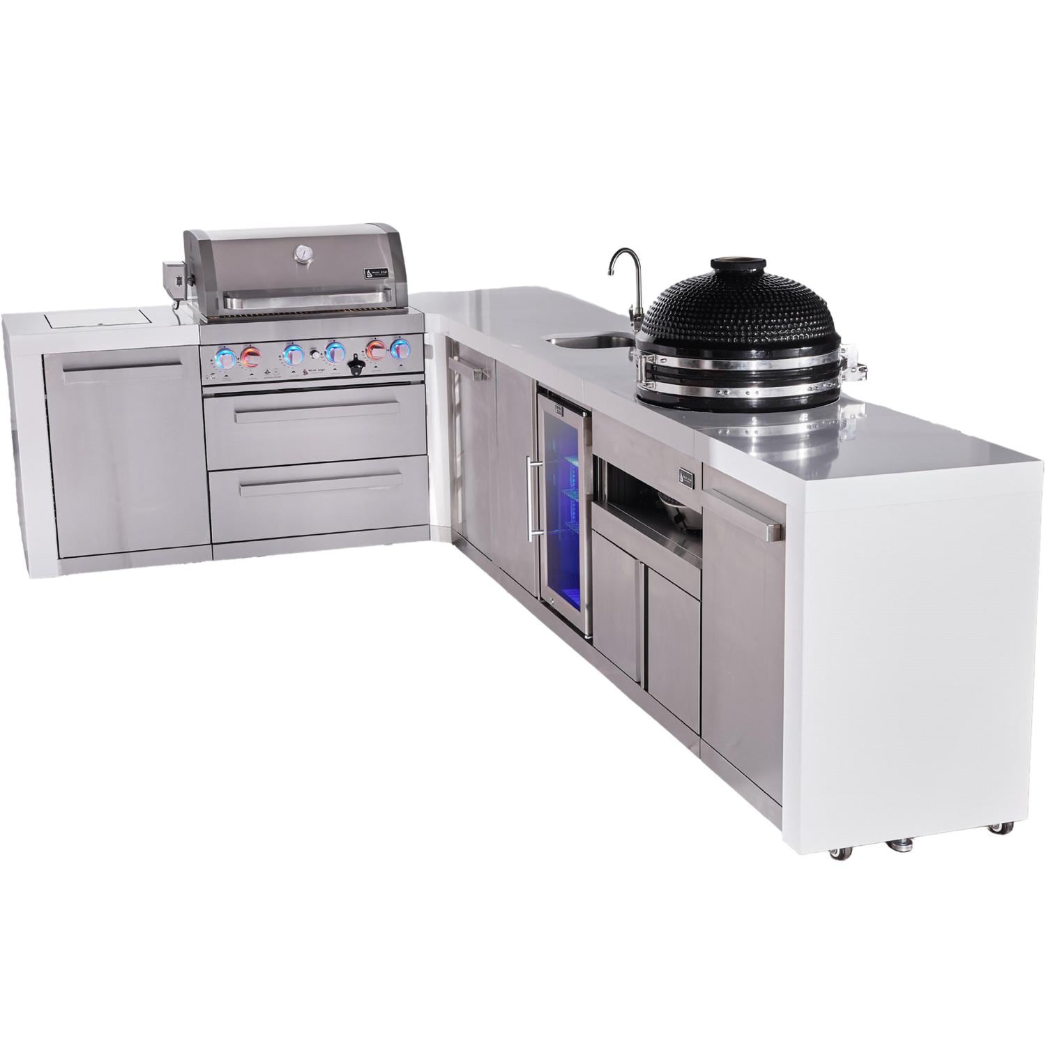 Mont Alpi Deluxe Series 12 Ft Propane Outdoor Kitchen Island w/ 32-in Grill, Side Burner, Beverage Center, Fridge, Kamado Module & Triple Drawer - MAi400-D90BEVFCKAMDR - Angled Right - White Background thumbnail