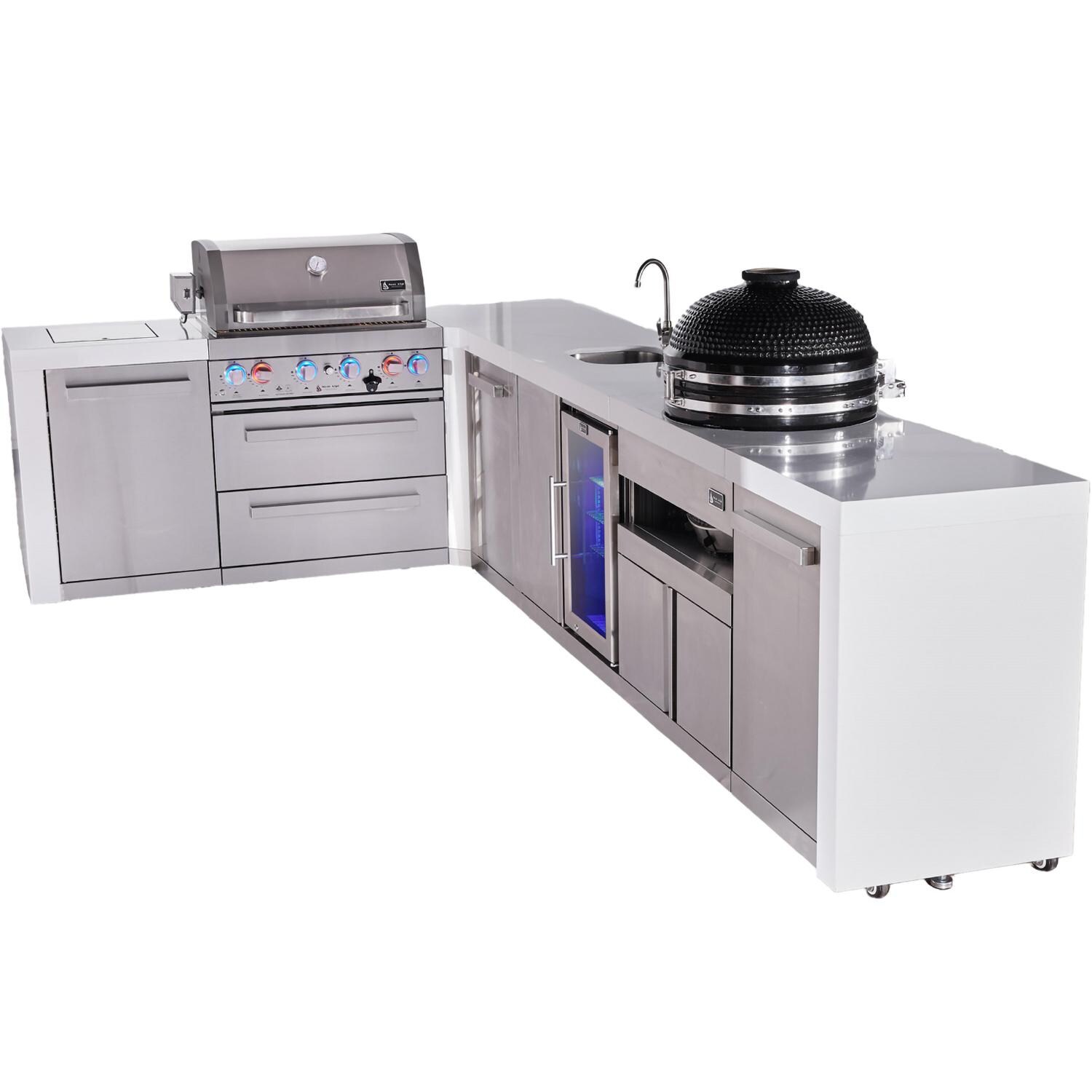 Mont Alpi Deluxe Series 12 Ft Propane Outdoor Kitchen Island w/ 32-in Grill, Side Burner, Beverage Center, Fridge, Kamado Module & Triple Drawer - MAi400-D90BEVFCKAMDR - Angled Right - White Background thumbnail