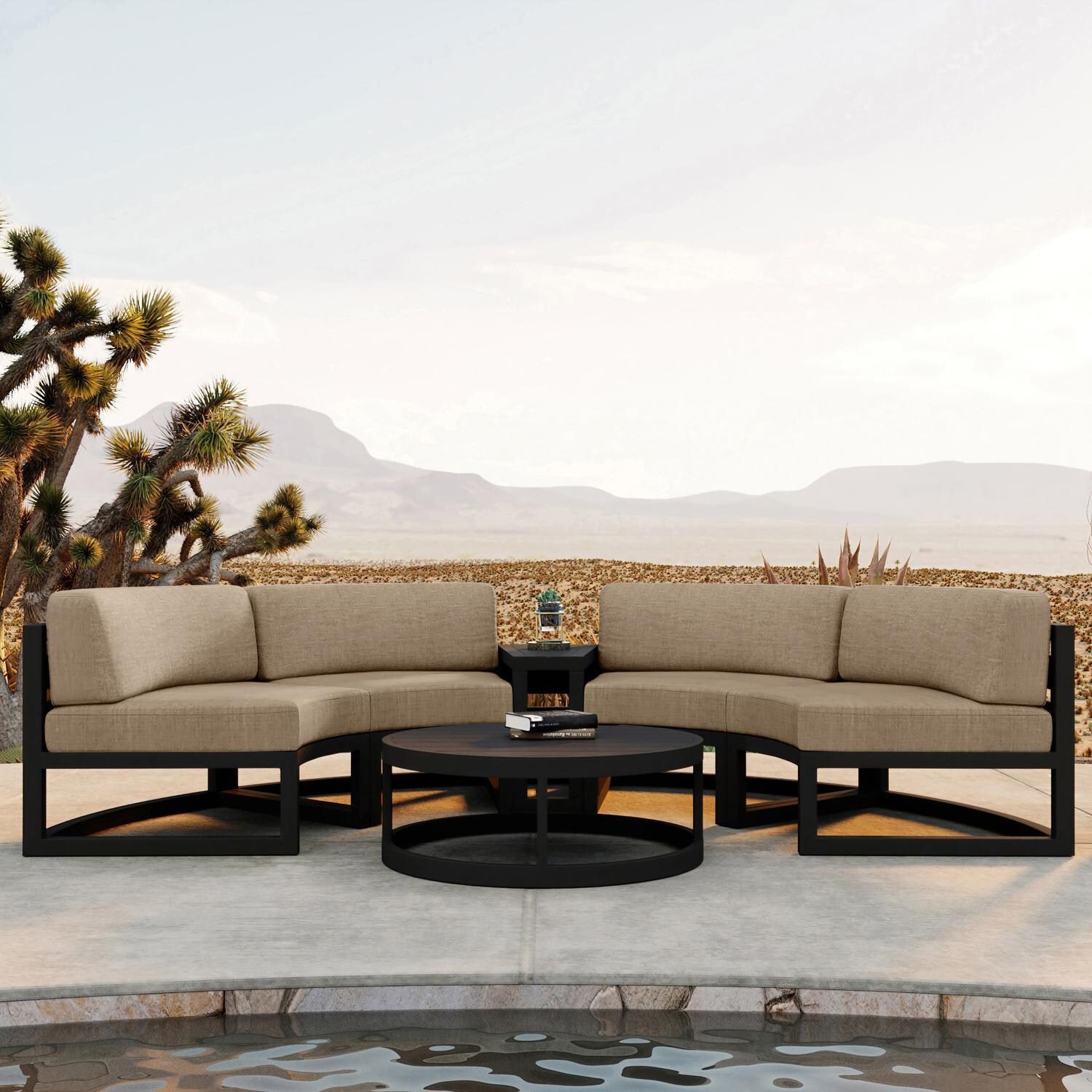 Lakeview MSTYCV-BK-4CSEC-HB Misty Cove 4 Pc Aluminum Curve Sectional Set in Black w/Coffee Table & Heather Beige Cushions by Lakeview Outdoor Designs - By the Pool - Lifestyle thumbnail