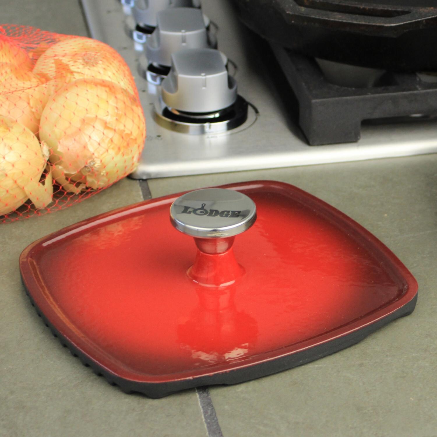 Lodge Panini Press Spice Cast Iron Enamel Island Panini Press, Gradated Red - Lifestyle View thumbnail