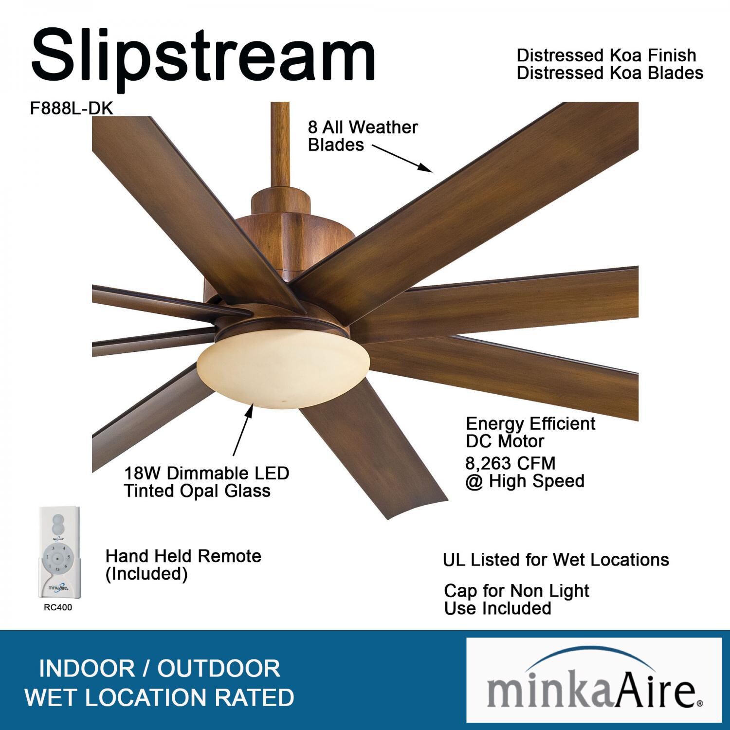 Minka-Aire F888L-DK Slipstream 65-Inch 8-Blade LED Ceiling Fan in Distressed Koa Finish w/ Distressed Koa Blades & Tinted Opal Glass - Details thumbnail