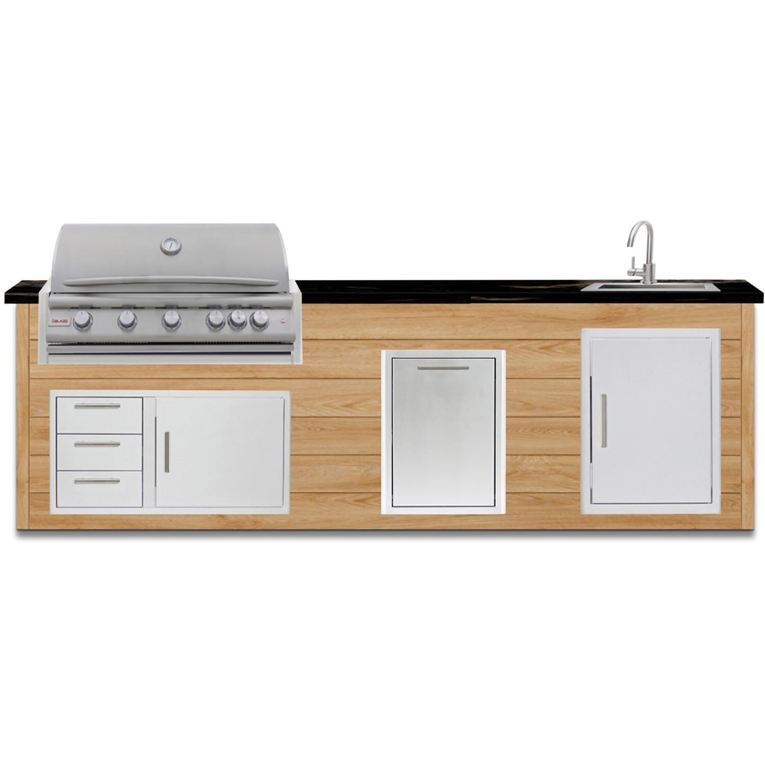 BBQGuys Signature 10 Ft Grill Island w/ 40 Inch Propane Blaze Premium LTE+ Grill, Double Trash Bin & Door & Drawer | Sun Bleached Oak w/ Nero Mist Granite - Front - White Background thumbnail