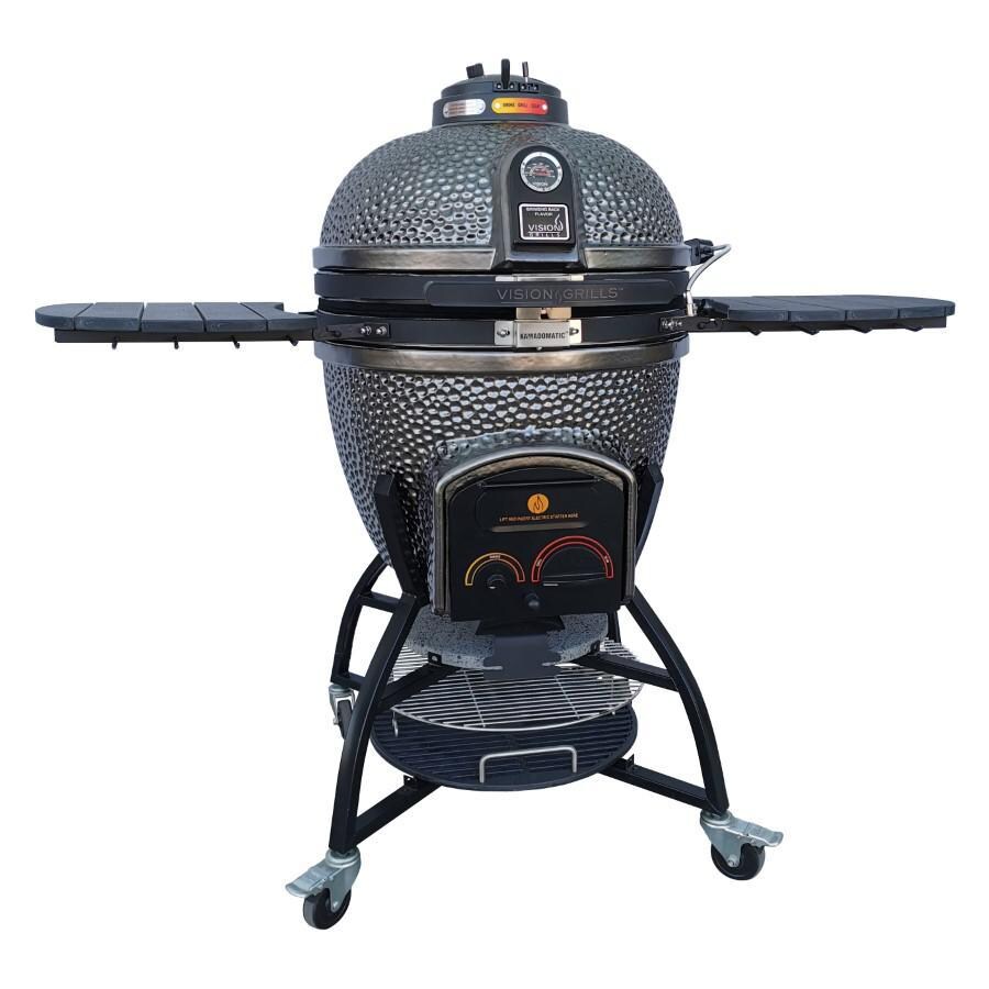 Vision Grills XD-402MG Vision Elite Series XD402 Deluxe 20-Inch Kamado Grill - Metallic Gun Metal Grey - Closed from Left with Grates in Storage thumbnail