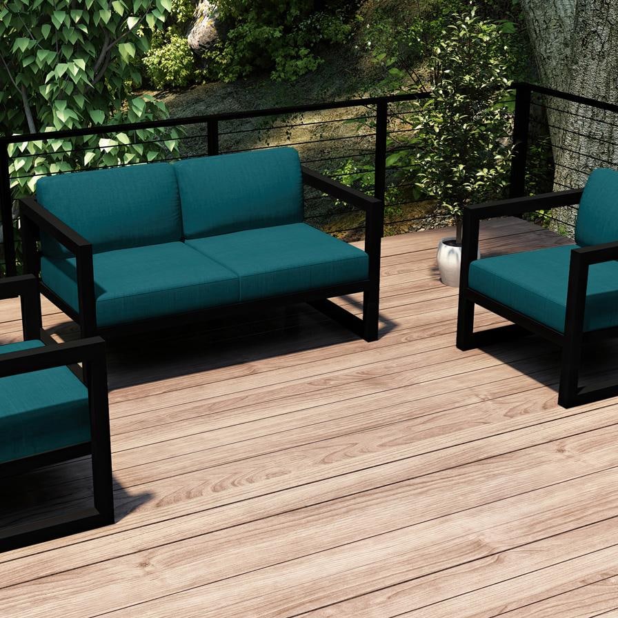 Lakeview MSTYCV-BK-3LSS-PC Misty Cove 3 Pc Aluminum Seating Set in Black w/Loveseat & Spectrum Peacock Cushions by Lakeview Outdoor Designs - Set Outside Cropped - Lifestyle thumbnail