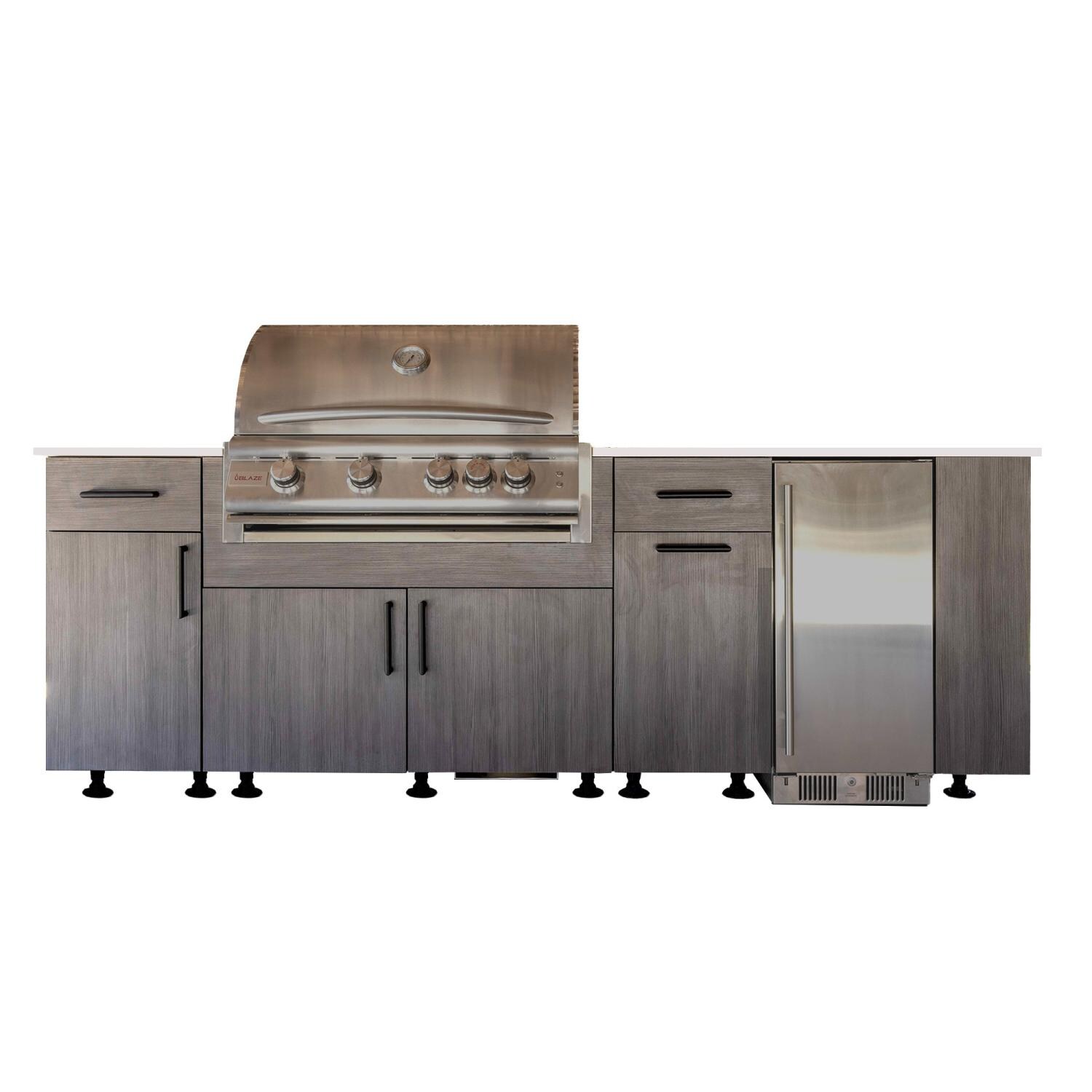 BBQGuys Signature Oasis 8 Ft Outdoor Kitchen Island w/ Blaze Natural Gas Grill & Refrigerator in Grey Cedar/Icecap White