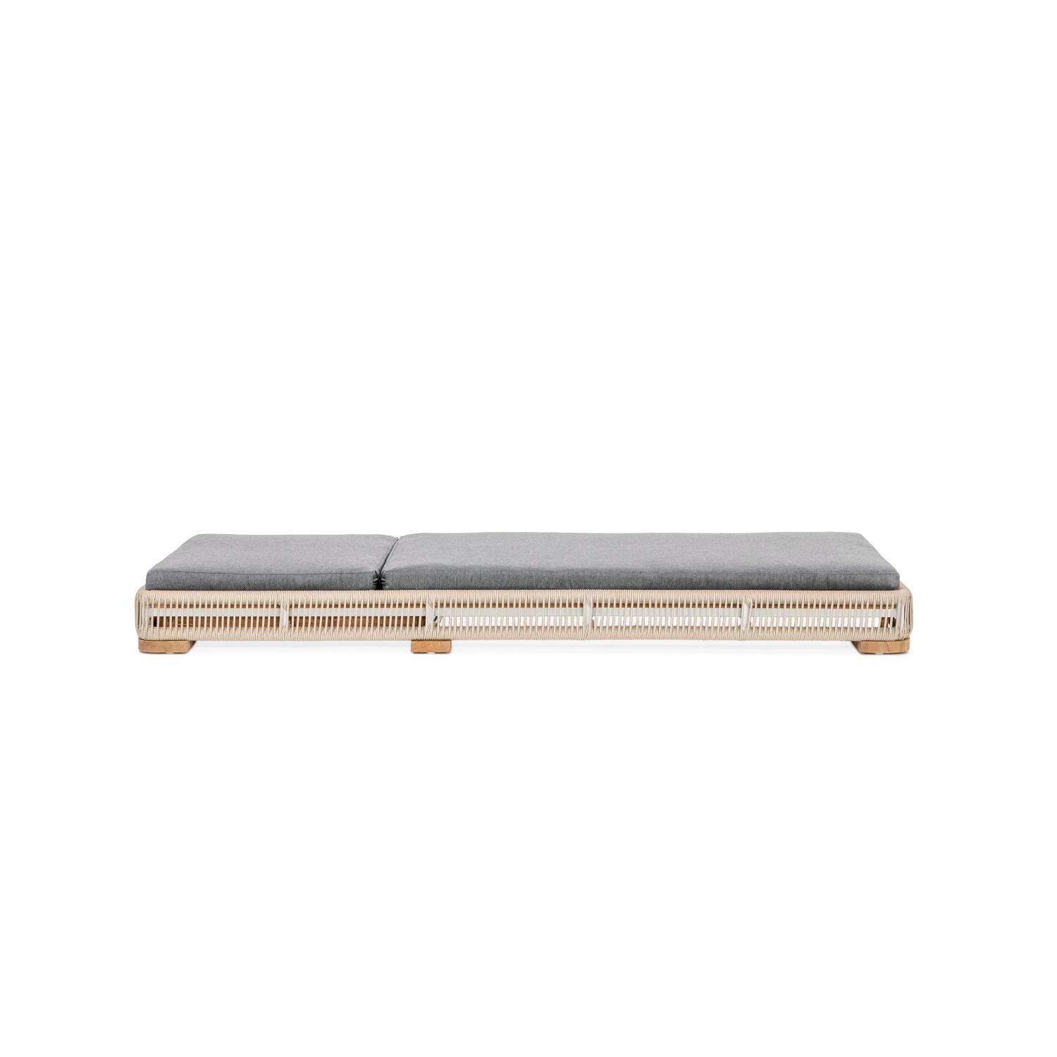 Teak + Table Breeze Olefin Rope & Teak Patio Chaise Lounge in Dune/Granite - Side View, Fully Reclined - White Background thumbnail