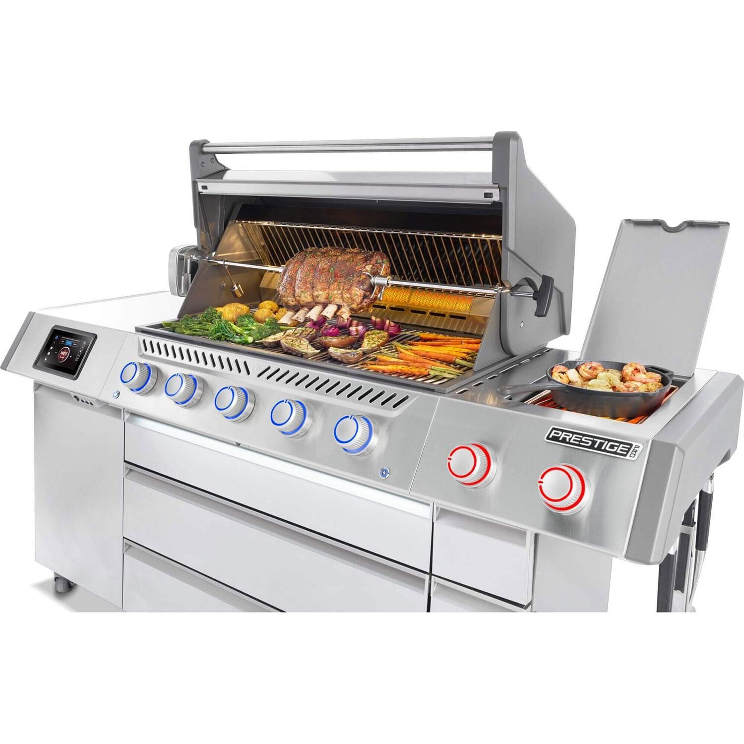 Napoleon PRO665VXRSIBPSS Prestige PRO 665 Elite 5 Burner Propane Grill w/ Smart Technology & Electric Smoker Box - Rotisserie In Use - White Background thumbnail
