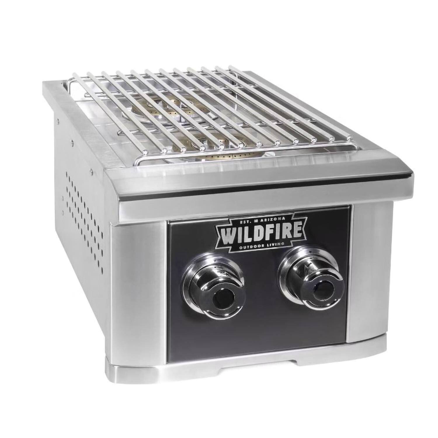 Wildfire WF-PRO30G-RH-NG 30 Inch Outdoor Kitchen Package w/Double Side Burner & 15 Inch Outdoor Rated Refrigerator - Double Side Burner At Angle - White Background thumbnail