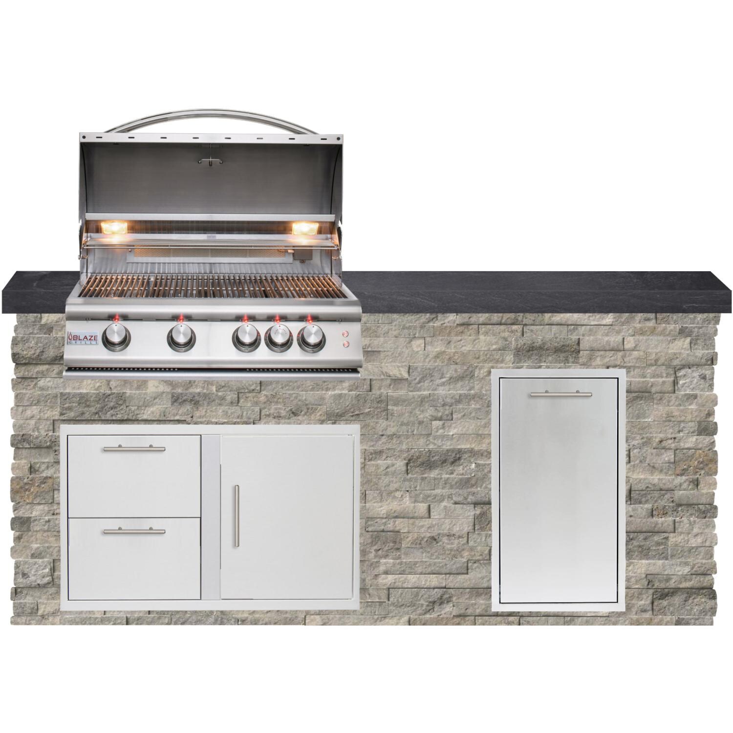 BBQGuys Signature 6ft Luxury Outdoor Island W/ Blaze Premium LTE 32-Inch Propane Grill - Silver Travertine Stone W/ Black Polished Granite