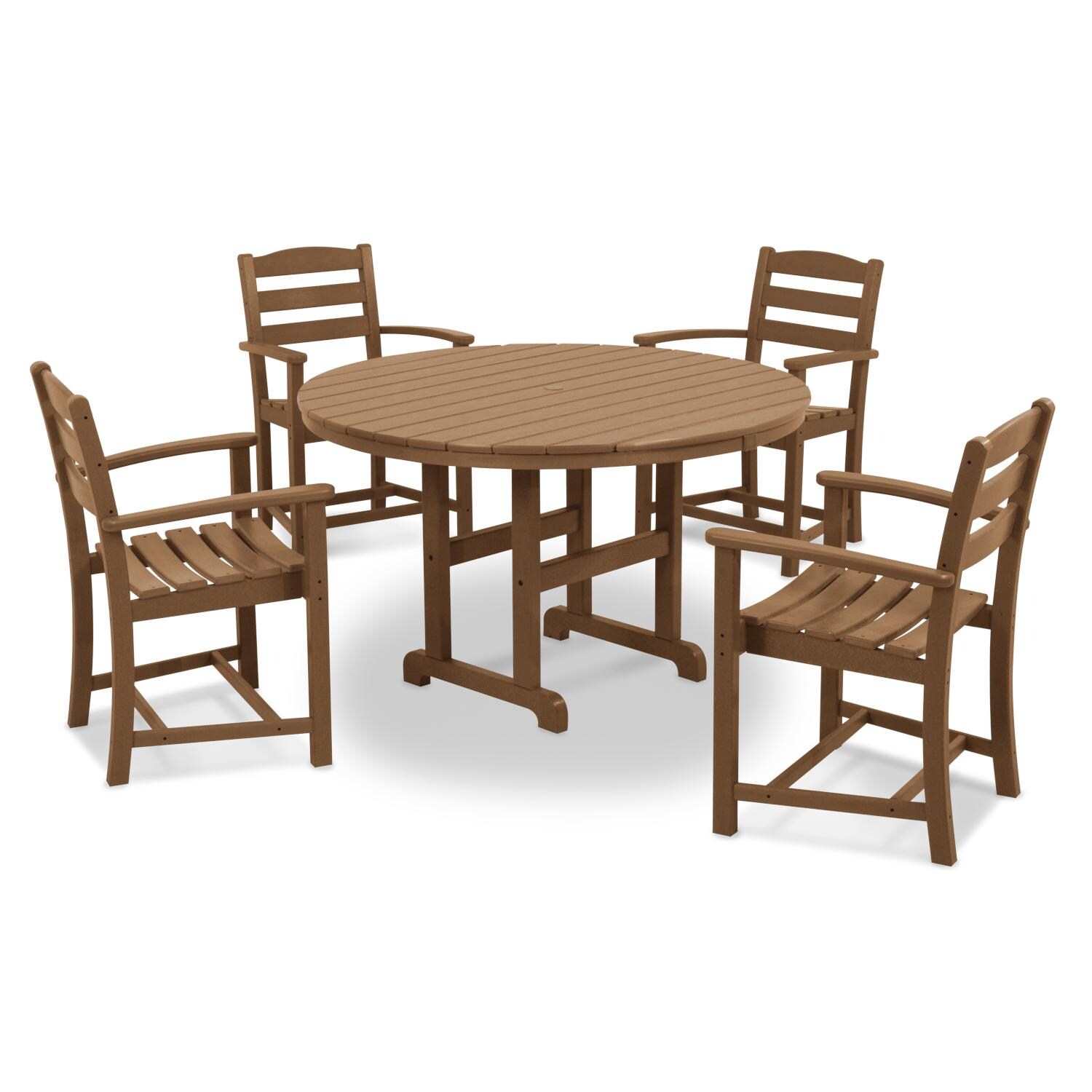 POLYWOOD La Casa Cafe Teak 5 Piece Round Farmhouse Arm Chair Dining Set thumbnail