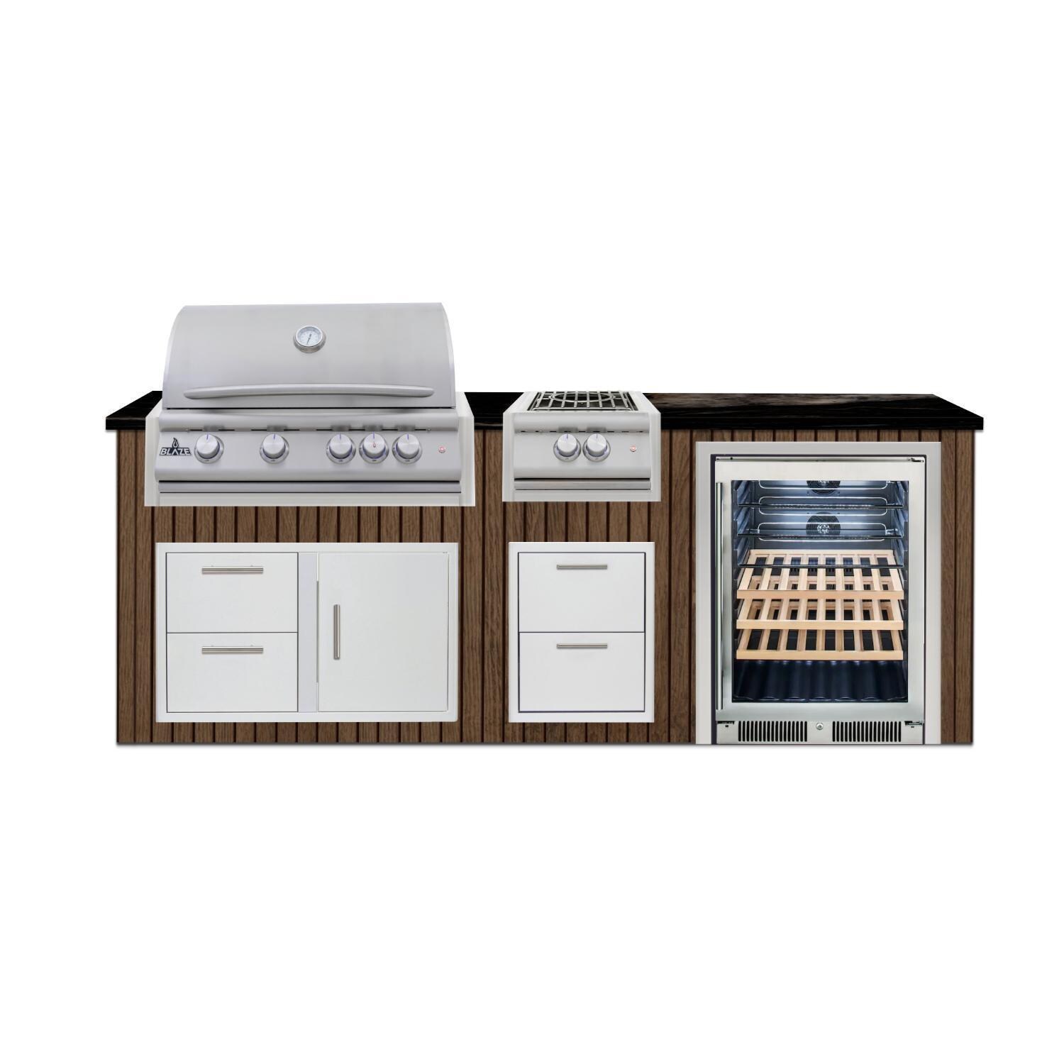 BBQGuys Signature  8 Ft Outdoor Kitchen Island w/ 32-in Blaze LTE+ Propane Grill & Power Burner & 24-in Beverage Center | Toffee w/ Nero Mist Granite - Island - White Background thumbnail