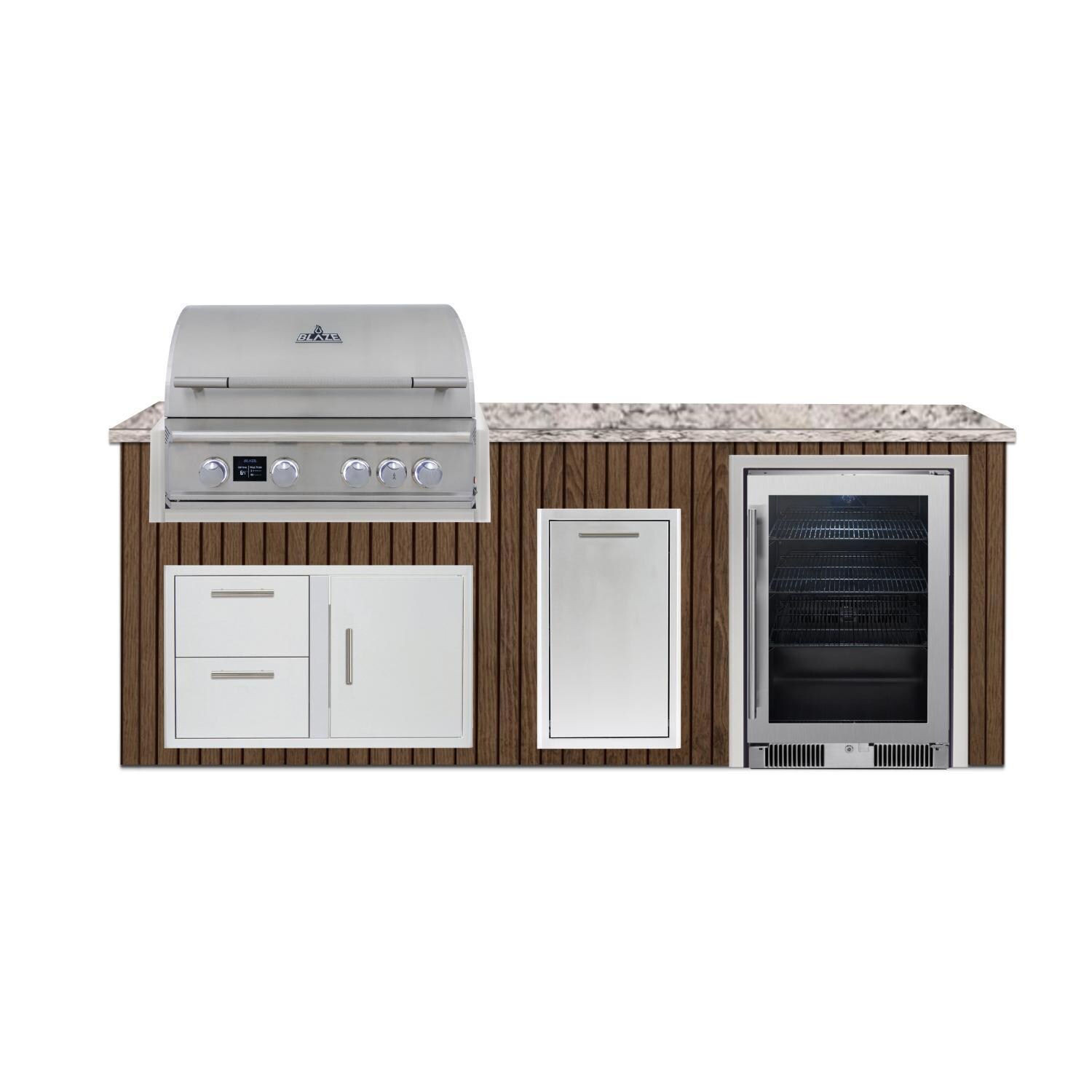 BBQGuys Signature  8 Ft Outdoor Kitchen Island w/ 32-in Blaze LTE PRO Propane Grill, 20-in Beverage Center & Narrow Tash Bin | Toffee w/ White Valley Granite - Island - White Background thumbnail