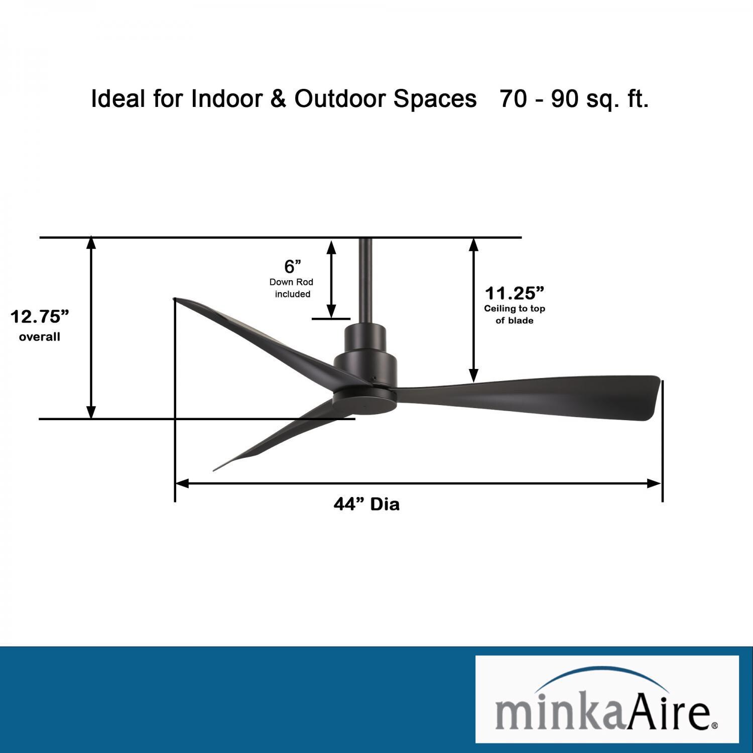 Minka-Aire F786-CL Simple 44-Inch 3-Blade Ceiling Fan in Coal Finish w/ Coal Blades - Dimensions thumbnail