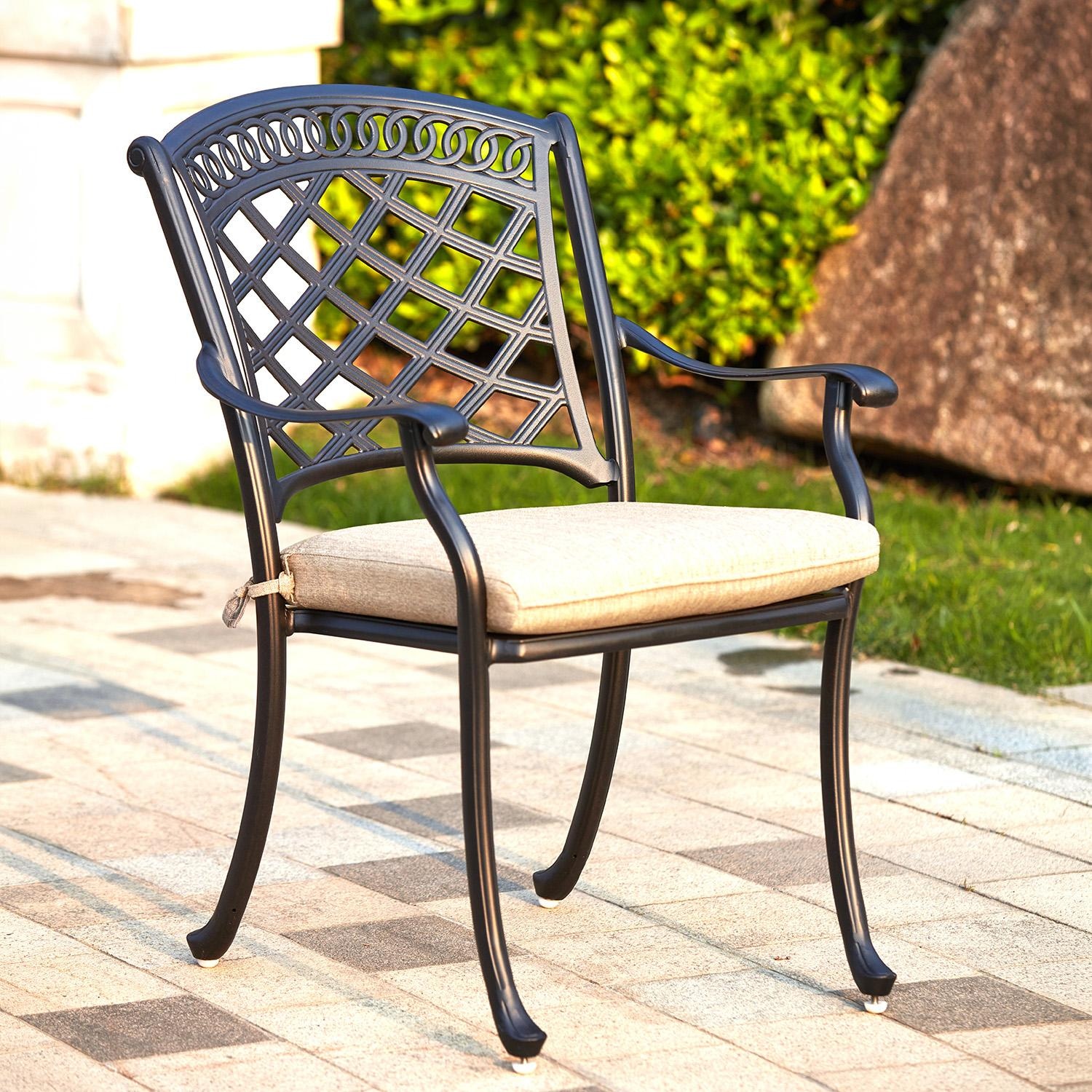 Darlee Sedona 11 Pc Cast Aluminum Patio Dining Set w/ 98 x 69 Inch Oval Dining Table & Beige Canvas Cushions - Chair on Patio - Lifestyle thumbnail