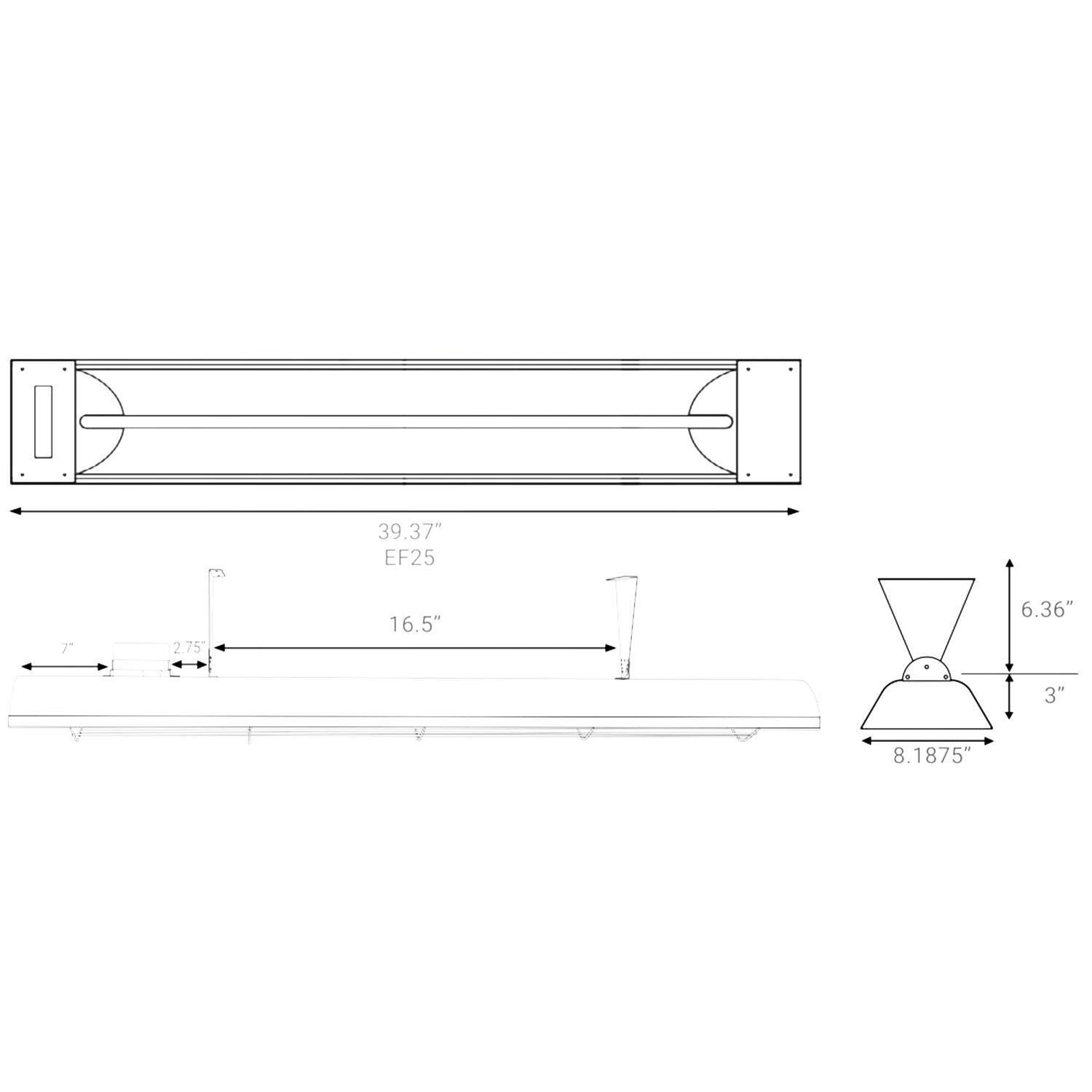 Eurofase EF25240B4 Astra Series 39 Inch 2500 Watt Single Element Marine Grade 240V Electric Patio Heater in Black - Dimensional thumbnail