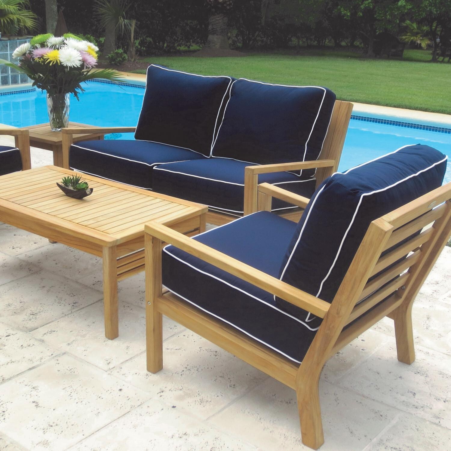 Royal Teak Collection Coastal 2 Person Teak Patio Loveseat w/ Sunbrella Canvas Navy Cushions - Lifestyle thumbnail