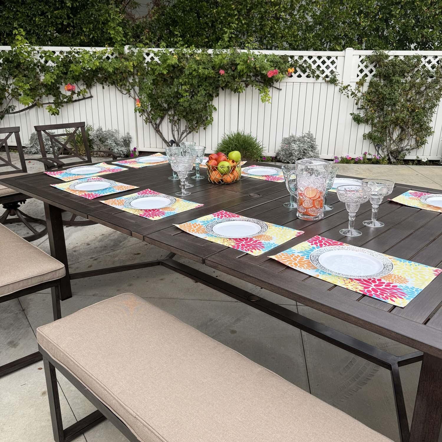 Atlantis 118-in Walnut Aluminum Dining Table by Darlee - Shown w/ Bench (Not Included) - Lifestyle thumbnail