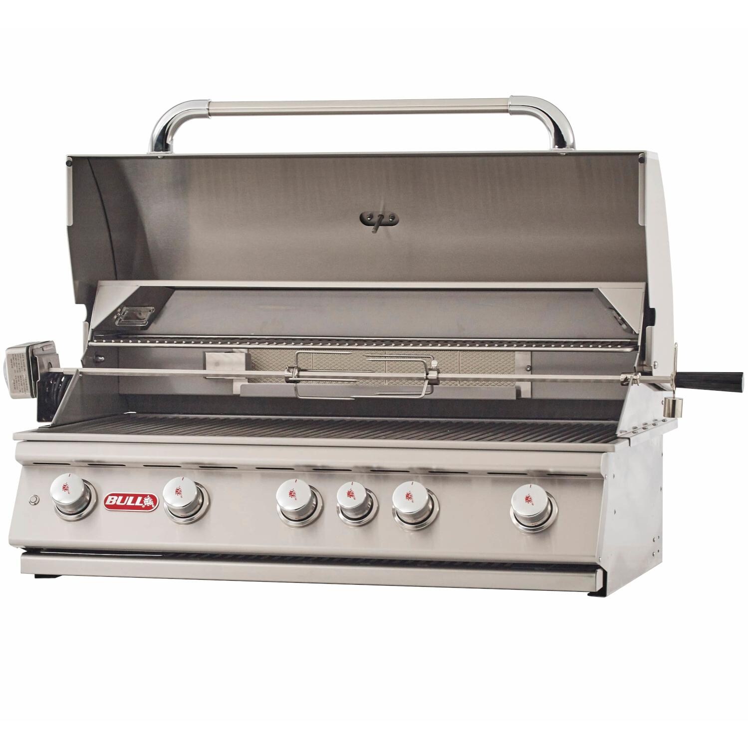 Bull 57569 Brahma 38-Inch 5-Burner Built-In Gas Grill - Angled View With Hood Open thumbnail