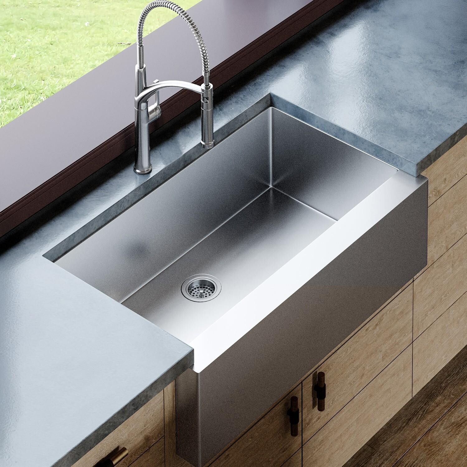 BBQGuys Signature Farmhouse Flat Apron Stainless Steel 36-Inch Sink W/Grid and Strainer - Lifestyle thumbnail
