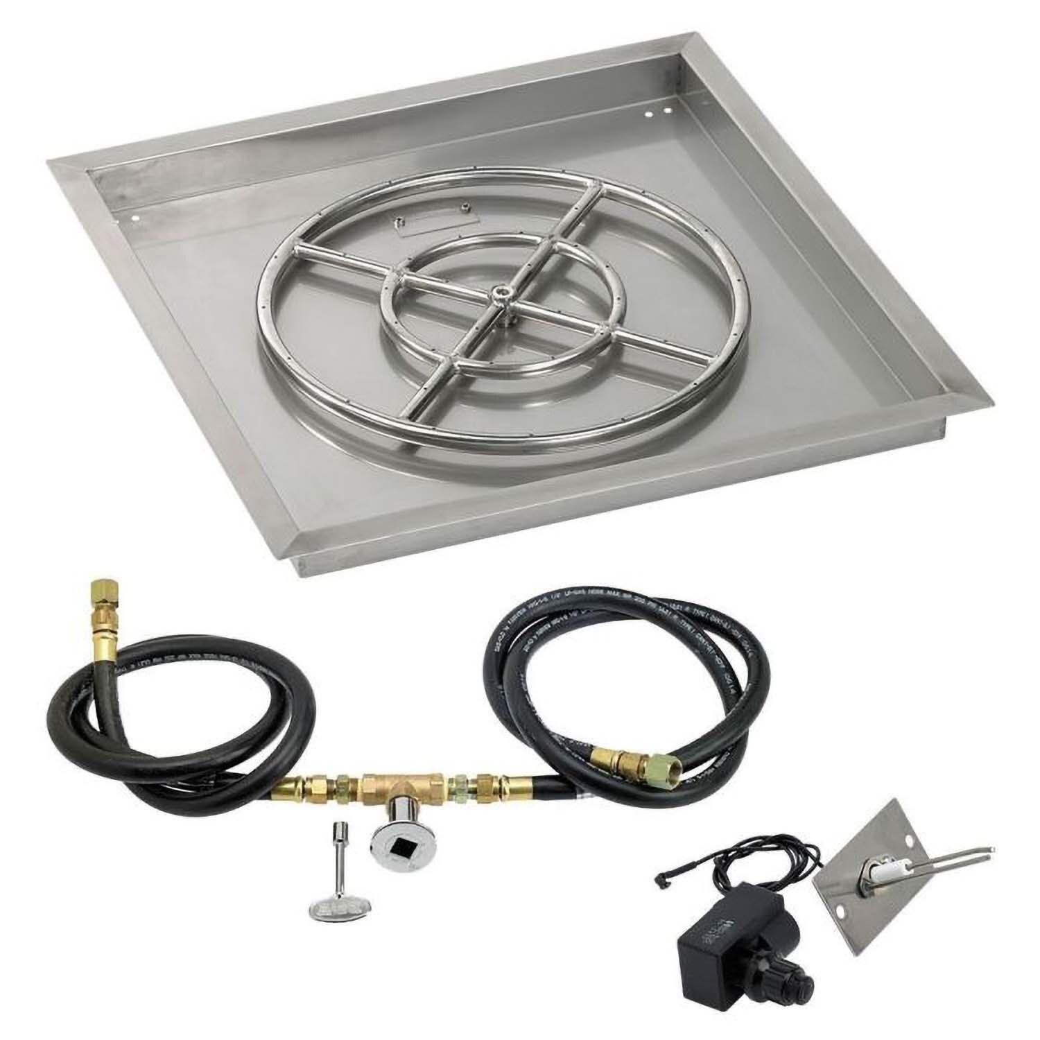 BBQGuys Signature 24 Inch Stainless Steel Square Drop-In Pan W/Spark Ignition Kit - 18 Inch Ring - Natural Gas