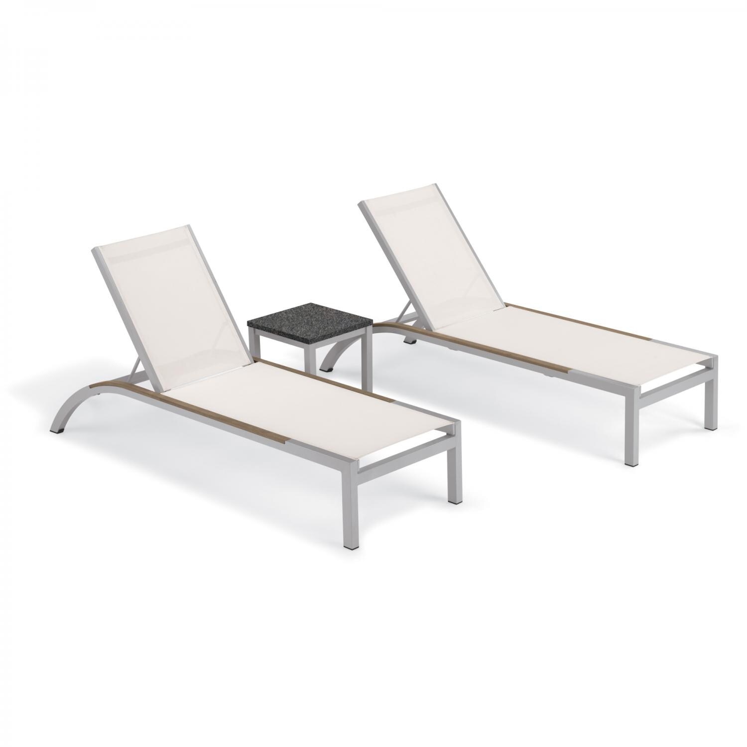 Argento 3 Piece Aluminum Patio Chaise Lounge Set W/ Tekwood Vintage Side Rails & Lite-Core Charcoal End Table By Oxford Garden - Natural Sling