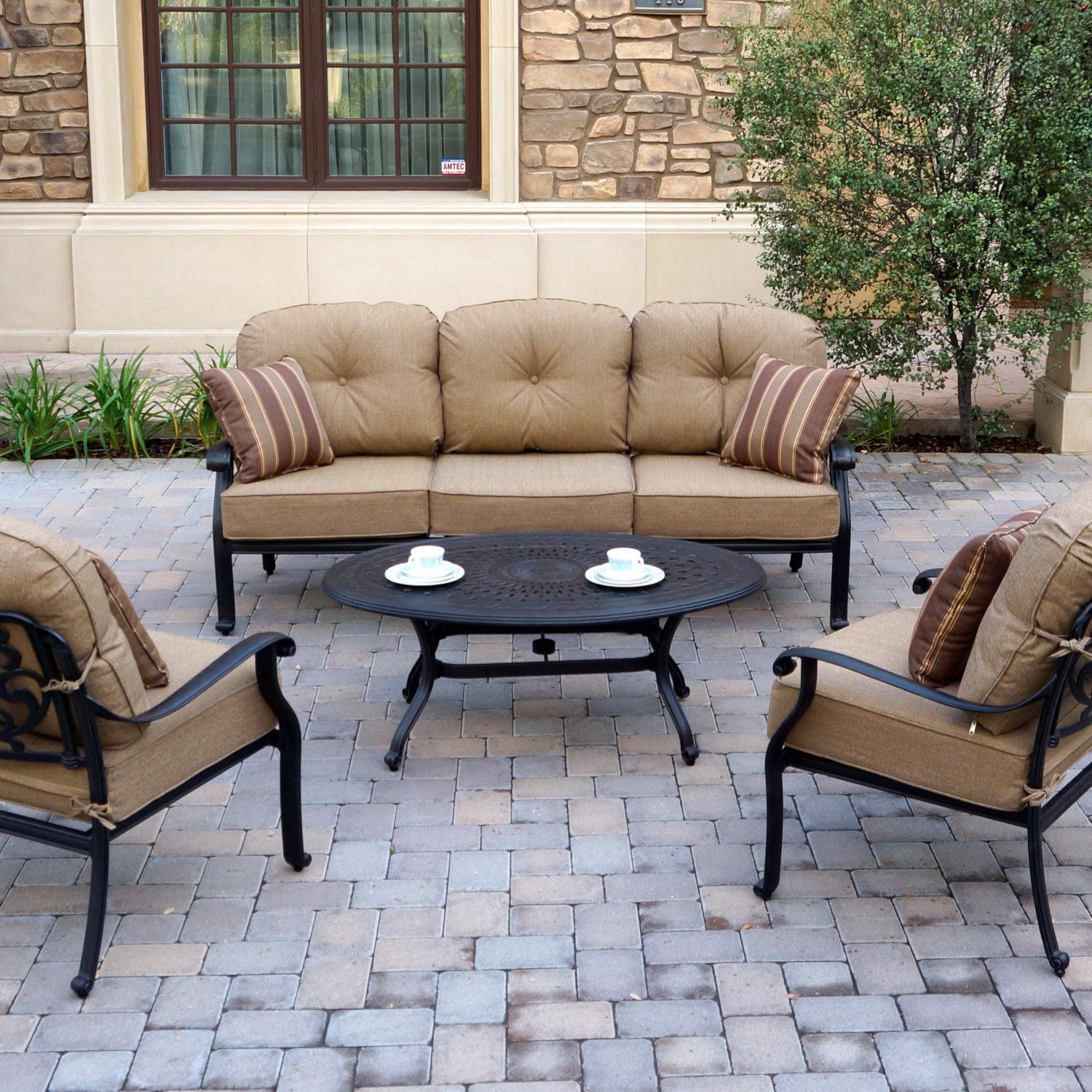 Elisabeth 4 Pc Cast Aluminum Seating Set w/ 46 X 31 Inch Oval Table & Throw Pillows in Antique Bronze/Sesame by Darlee