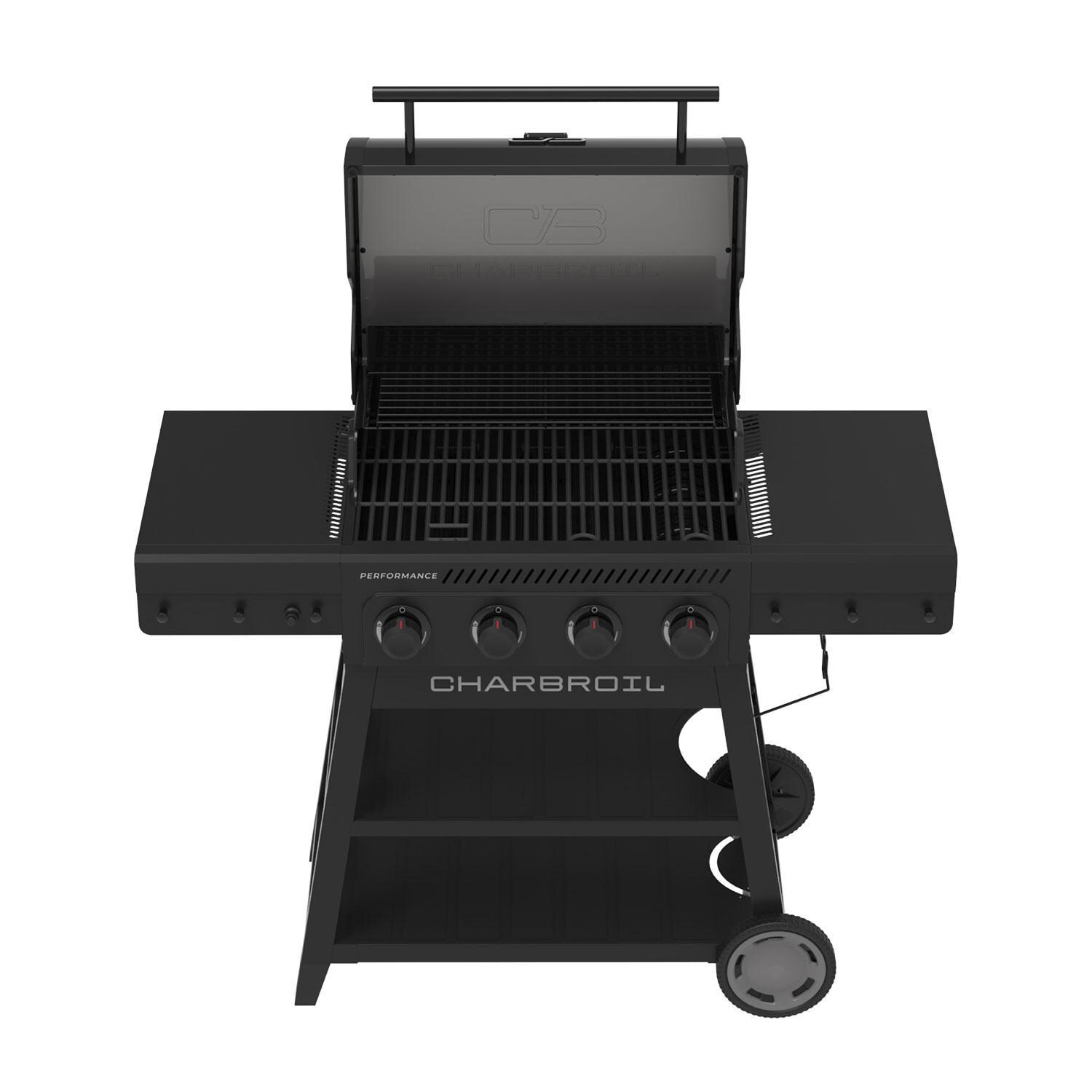 Charbroil 463348925 Performance Series 4-Burner Propane Grill A-Frame Cart - Blackout - Storage Cabinet - White Background thumbnail