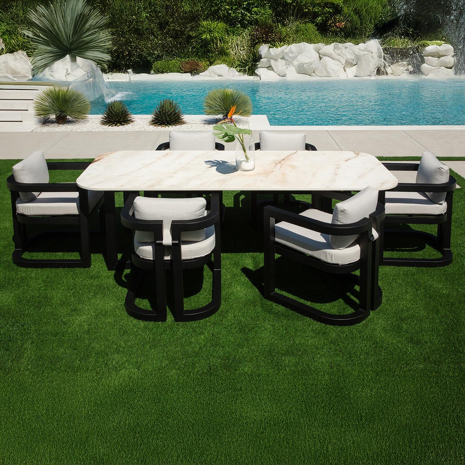 Malibu 96 Inch Black Aluminum Dining Table by Sunset West - By Pool - Lifestyle thumbnail
