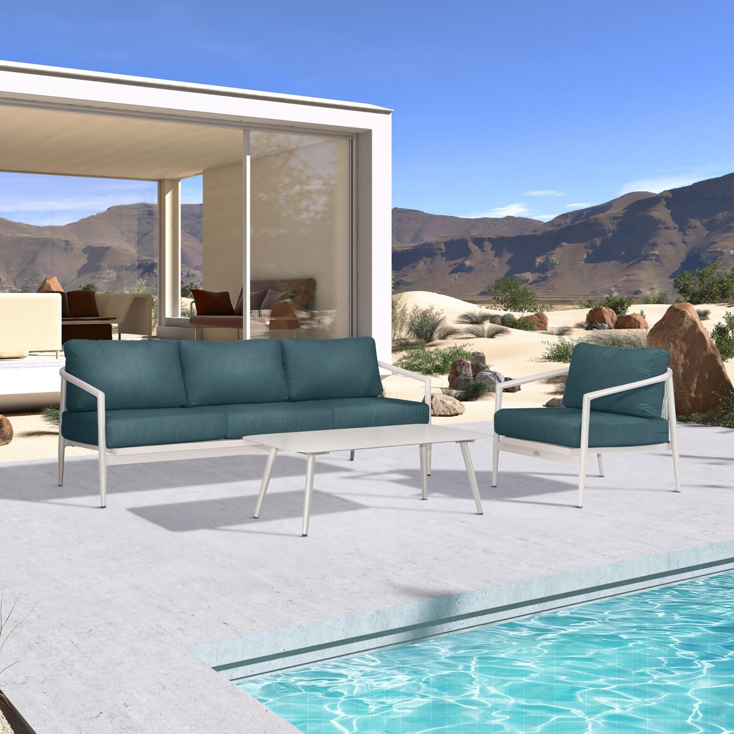 Lakeview Midnight Cove 3 Pc Aluminum Sofa Seating Set in Urban Stone/Carrera/Cast Lagoon - Angled - Lifestyle thumbnail