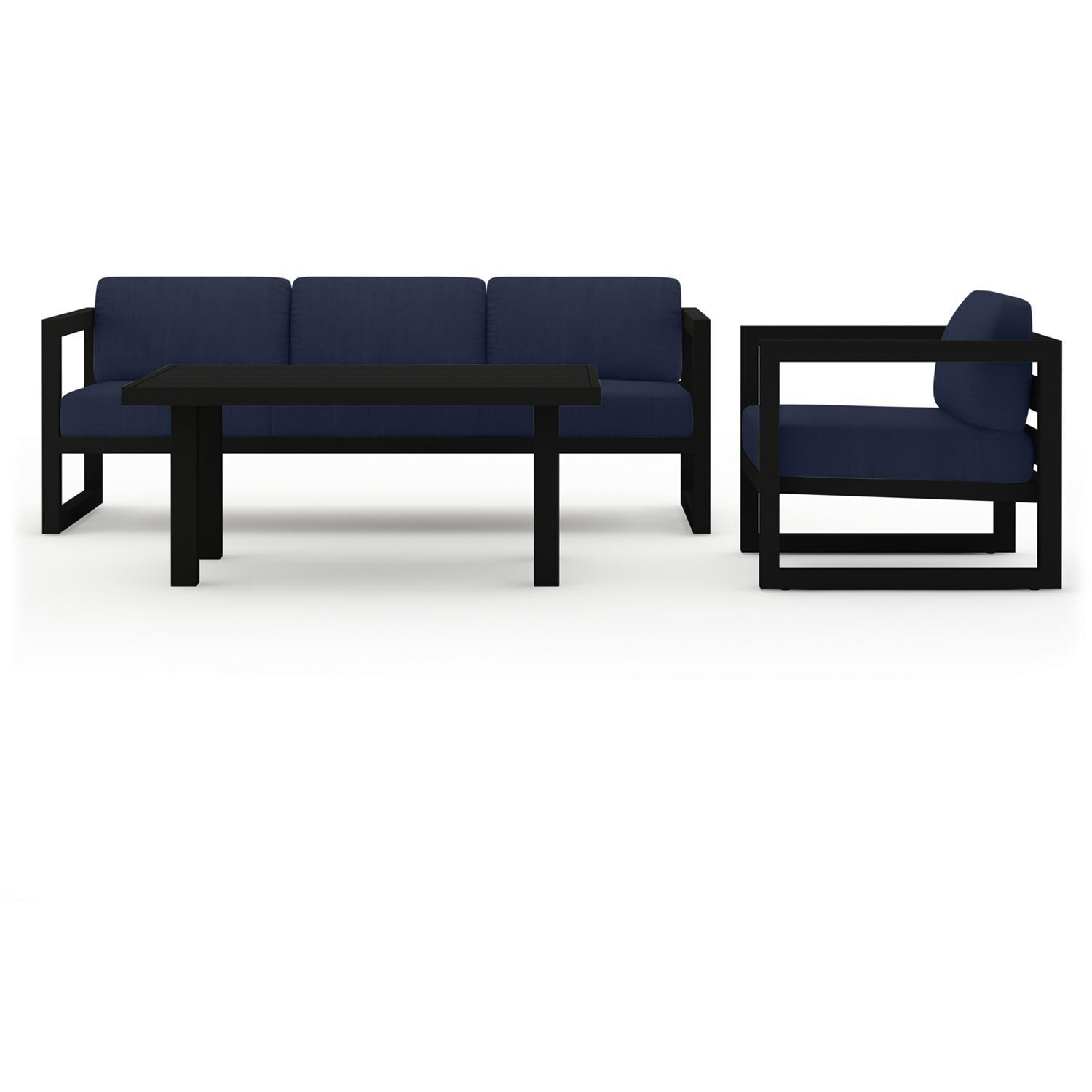Lakeview MSTYCV-BK-SET138-IN Misty Cove 3 Pc Aluminum Seating Set in Black w/Chat Table & Spectrum Indigo Cushions by Lakeview Outdoor Designs - Set Front View - White Background thumbnail