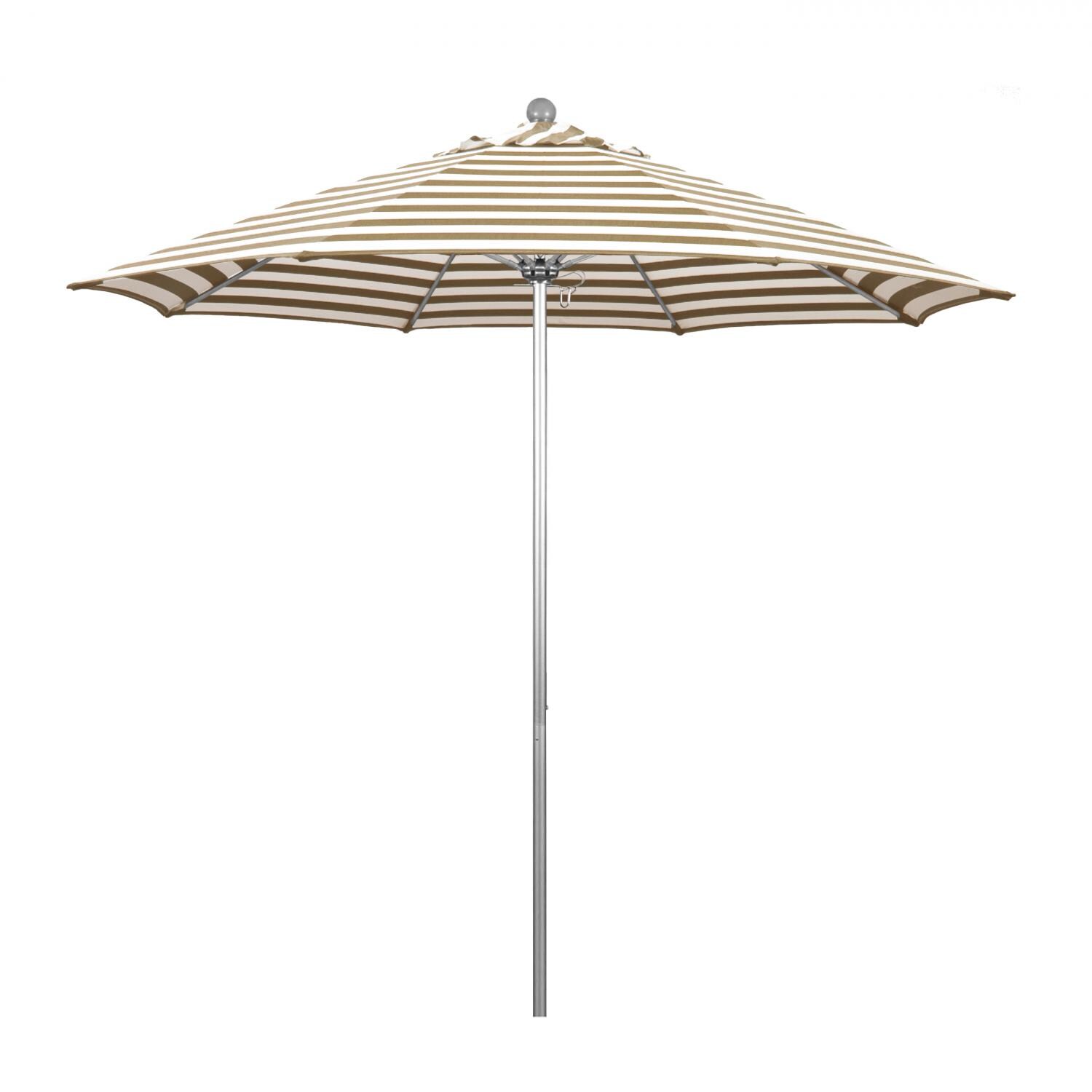 California Umbrella Venture Series 9 Ft Octagonal Aluminum Patio Umbrella W/ Push Lift & Fiberglass Ribs - Silver Anodized Frame / Olefin Beige White Cabana Stripe Canopy thumbnail