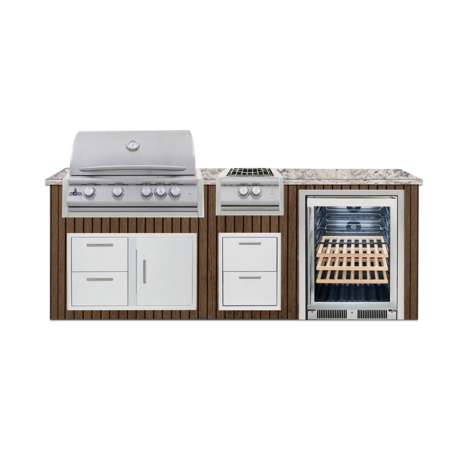 BBQGuys Signature  8 Ft Outdoor Kitchen Island w/ 32-in Blaze LTE+ Propane Grill & Power Burner & 24-in Beverage Center | Toffee w/ White Valley Granite - Island - White Background thumbnail