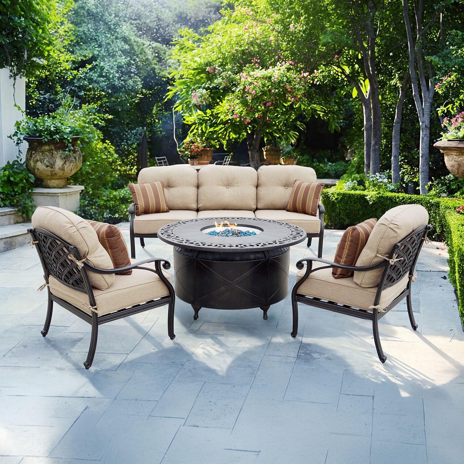 Darlee Nassau 4-Piece Patio Propane Fire Pit Sofa Conversation Set with Cushions and 47 Inch Round Fire Pit Chat Table and Fireglass - Set - Lifestyle thumbnail