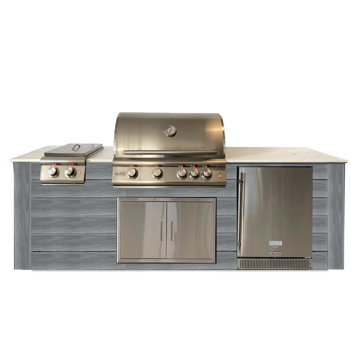 Pro-Fit 8 Ft Outdoor Kitchen Island w/ Blaze LTE 32-in Natural Gas Grill, Double Side Burner & Refrigerator - Driftwood Grey / Bianco Giulia A Satin