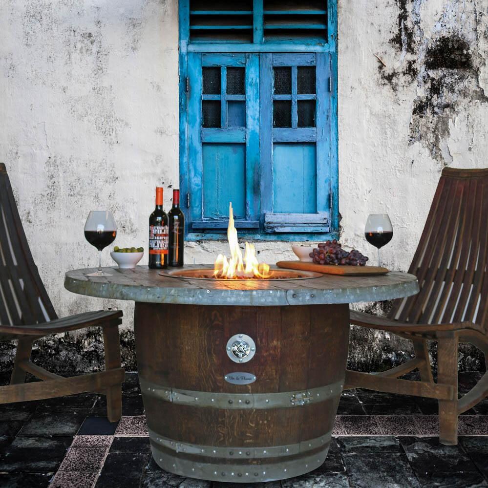 Vin De Flame Reserve 42-Inch Wine Barrel Fire Pit Table W/ 65,000 BTU Manual Safety Ignition - Chat Height - Wood Stave Top - Front View thumbnail