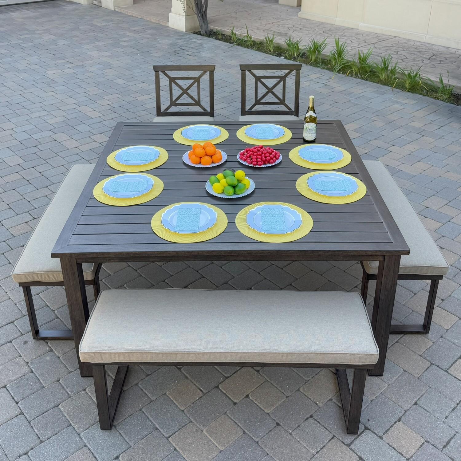 Atlantis 6 Pc Aluminum Dining Set w/ 2 Dining Side Chairs & 3 Two Person Benches in Walnut/Beige by Darlee - Hero - Lifestyle thumbnail