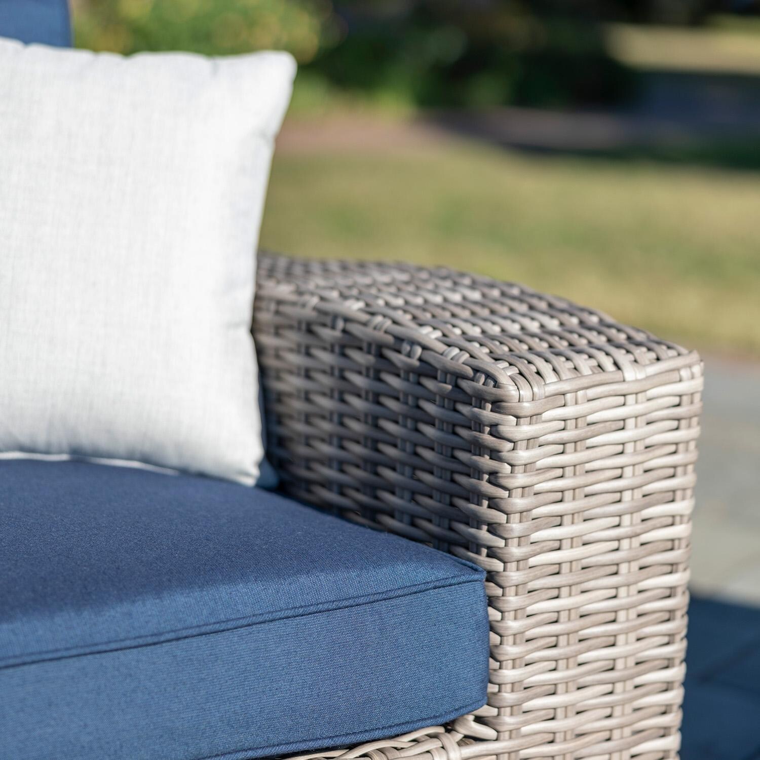 Palma Luxe 4 Pc Wicker Seating Set in Oyster / Spectrum Indigo - Chair Arm - Lifestyle thumbnail