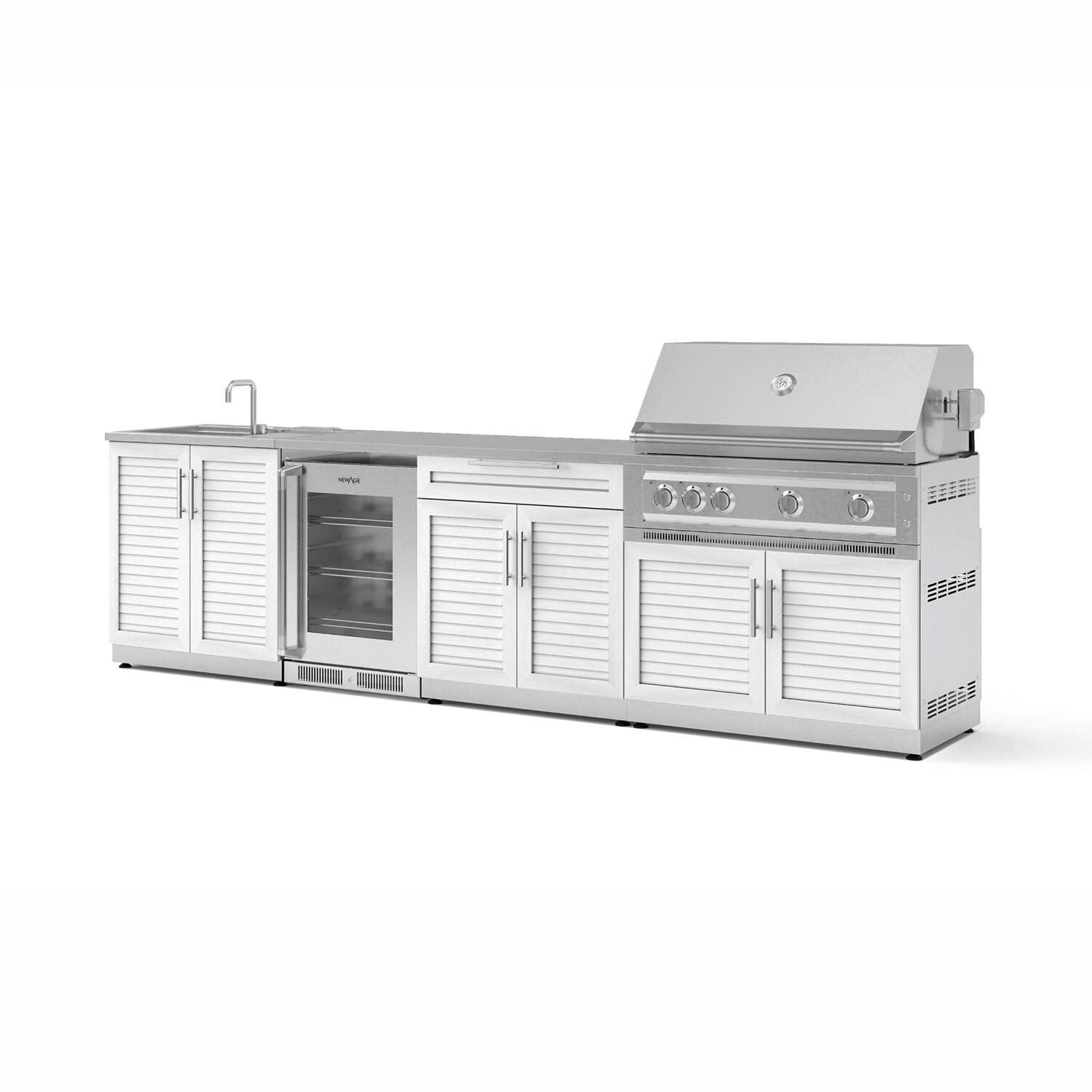 NewAge Products 71529 Classic Series 10 1/2 Ft Outdoor Kitchen Island w/ 40-in Natural Gas Grill, Sink, Glass Door Refrigerator, Trash Bin, Door & Drawer in White/Stainless Steel - Angled - White Background thumbnail