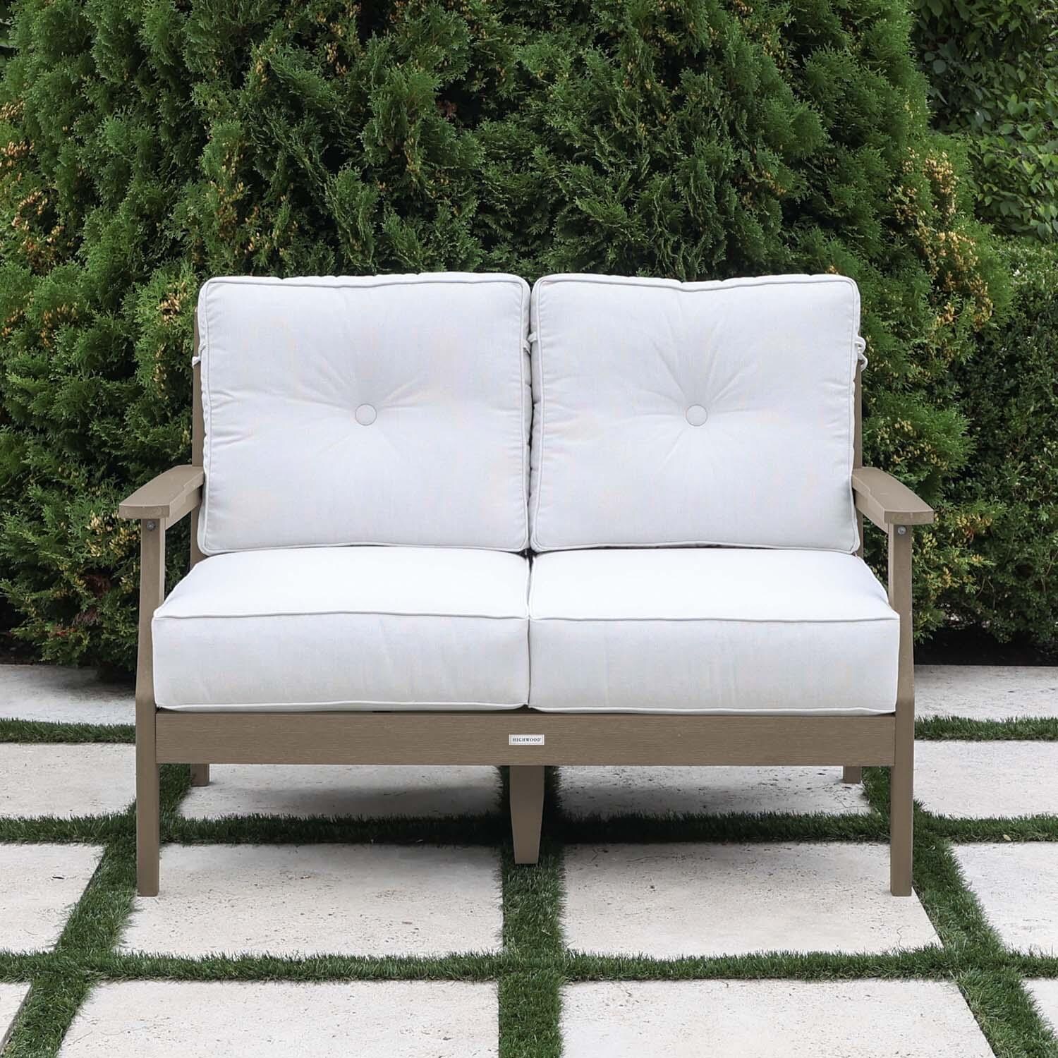 Blushing Bay 2 Person Recycled Plastic Loveseat in Bliss Linen/Woodland Brown by Lakeview Outdoor Designs