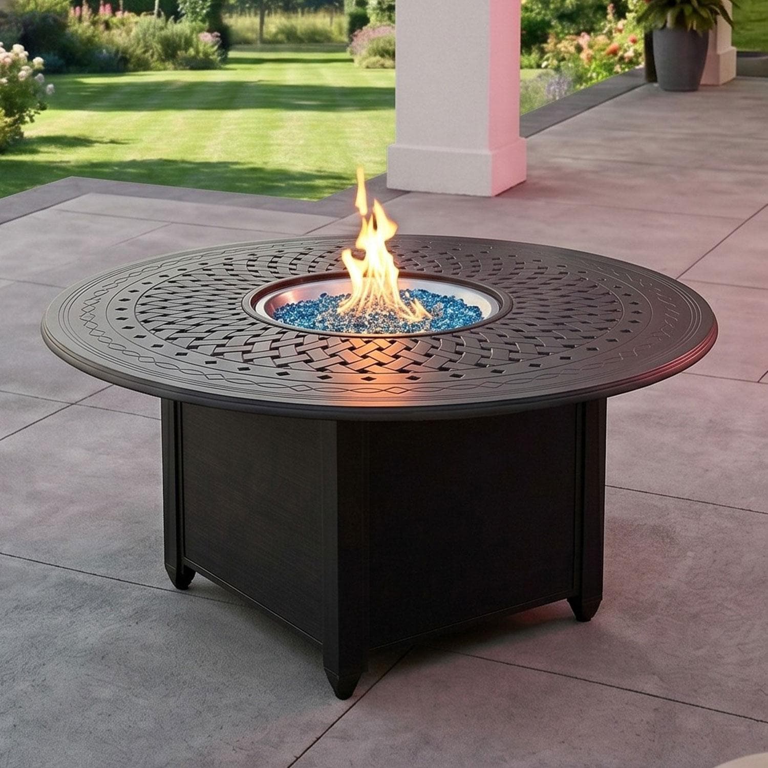 60 Inch Round Cast Aluminum Propane Fire Pit Dining Table in Antique Bronze by Darlee