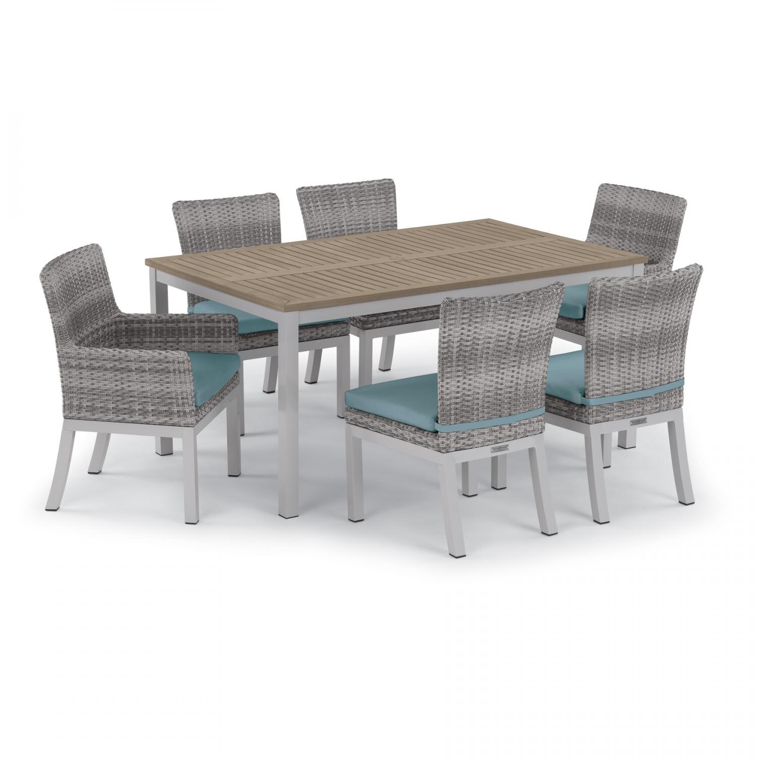 Argento 7 Piece Wicker Patio Dining Set W/ 63 X 40 Inch Rectangular Tekwood Vintage Table & Ice Blue Cushions By Oxford Garden thumbnail