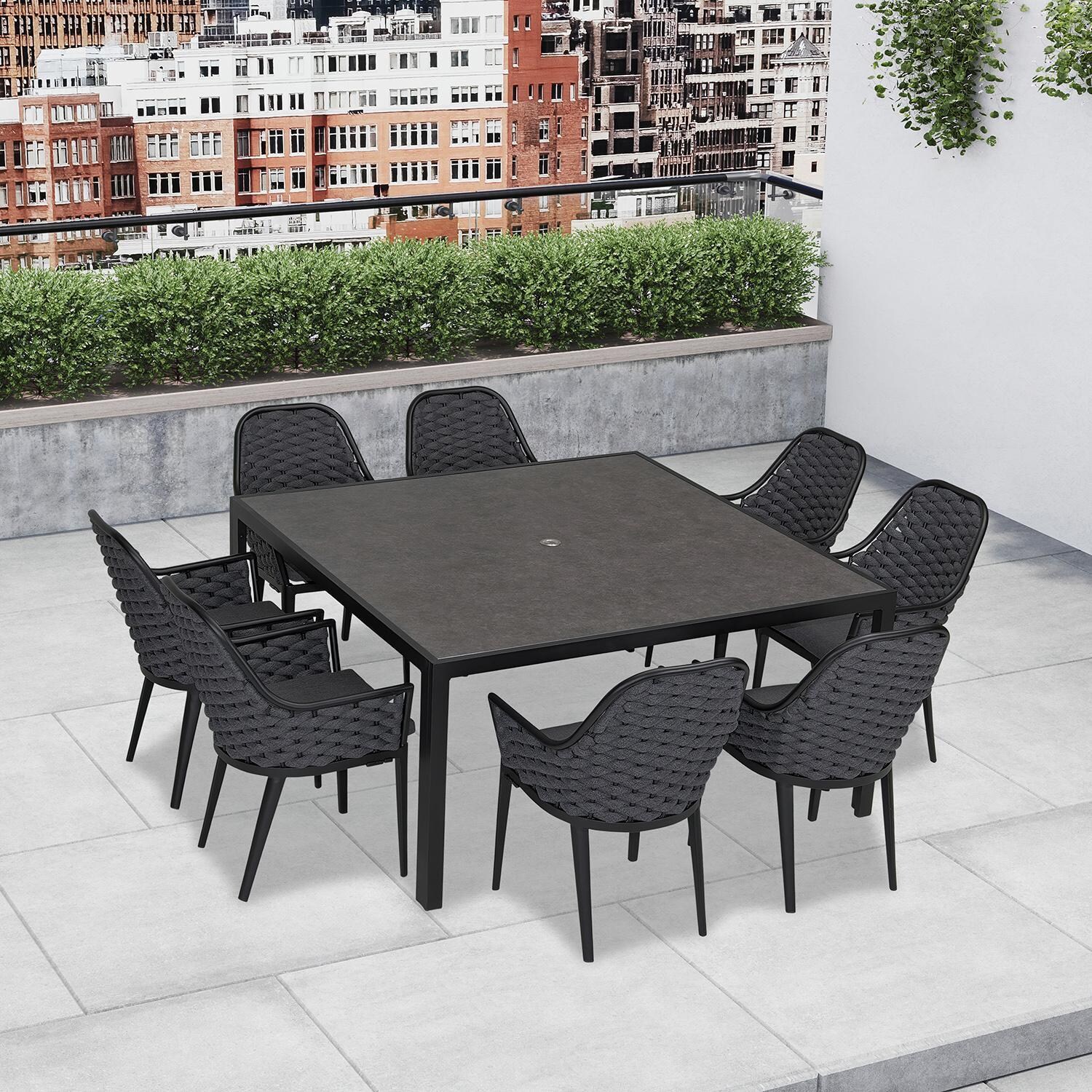 Chloe Bay 9 Pc Aluminum Square Dining Set in Black by Lakeview - Lifestyle thumbnail