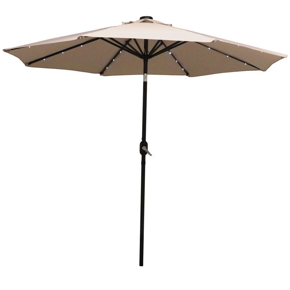 Ultimate Patio 9 Ft. Solar Lighted Octagonal Aluminum Patio Market Umbrella W/ Crank & Tilt - Black Frame & Beige Polyester Canopy