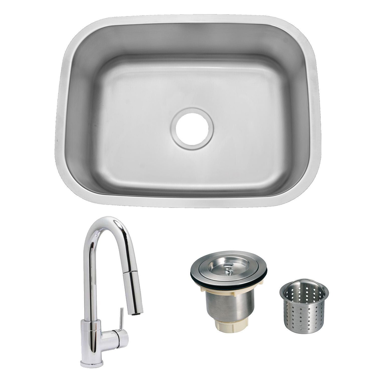 Huntington Brass FA-268 + HBK1823301-J + LI-XD Futura 24 X 18 Stainless Steel Outdoor Sink with Huntington Brass Dual Spray European Style Pull Down Faucet and Strainer Basket - Bundle - White Background thumbnail