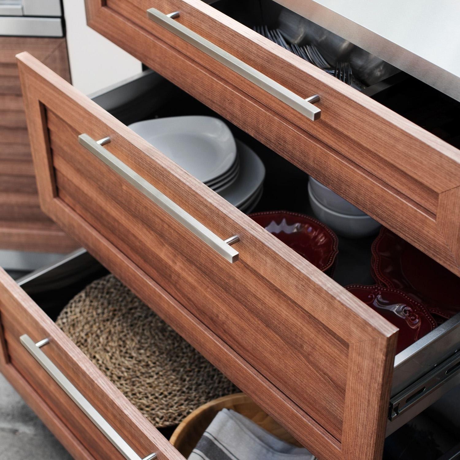 NewAge Products 71054 Classic Series 8 Ft Outdoor Kitchen Island w/ 33-in Propane Grill, Trash Bin, Door & Drawer in Grove/Stainless Steel - Drawers Open - Detail thumbnail