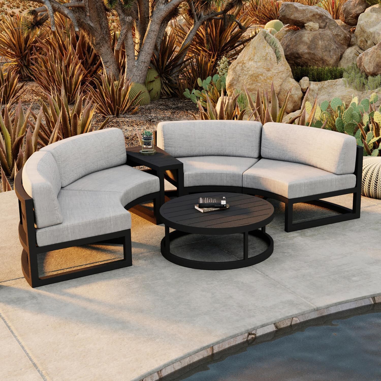 Lakeview MSTYCV-BK-4CSEC-CS Misty Cove 4 Pc Aluminum Curve Sectional Set in Black w/Coffee Table & Cast Silver Cushions by Lakeview Outdoor Designs - Set by the Pool From Above - Lifestyle thumbnail